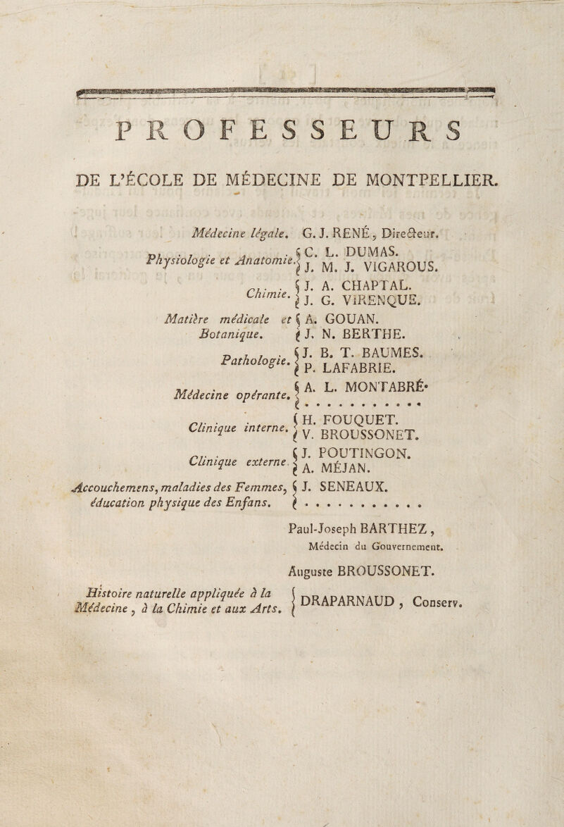 PROFESSEURS DE L’ÉCOLE DE MÉDECINE DE MONTPELLIER. Médecine légale. G. J. RENÉ, Direâeur. D, . , . „ . . . SC. L. DUMAS. Physiologie et Anatomie.< L M> j yiGAROUS. . Ç J. A. CHAPTAL. Lhinue. , G> viRENOUE. QUI Matière médicale et % A. GOUAN. Botanique. f J. N. BERTHE. „ , , . S J. B. T. BAUMES. £ athologie. ^ p LAFABR1E> , S A. L. MONTABRÉ* médecine opérante» < ^7. . . (H. FOÜQUET. Clinique interne. ^ y BROUSSONET. . C J. POUTINGON. Clinique externe j A> MÉjAN> Âccouchemsns, maladies des Femmes^ ^ J. SENEAUX. éducation physique des En fans. Paul-Joseph BARTHEZ ? Médecin du Gouvernement. Auguste BROUSSONET. / Histoire naturelle appliquée h la ( nDAn*n^Arm Médecine, à la Chimie et aux Arts. \ DRAPARNAUD , Conserv.