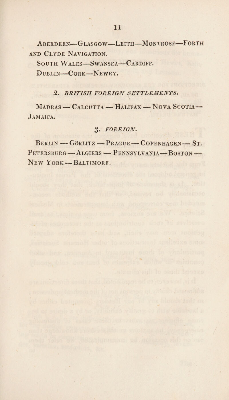 Aberdeen—Glasgow—Leith—Montrose—Forth and Clyde Navigation. South Wales—Swansea—Cardiff. Dublin—Cork—Newry. 2. BRITISH FOREIGN SETTLEMENTS. y Madras — Calcutta — Halifax — Nova Scotia— Jamaica. l 3. FOREIGN. Berlin — Gorlitz — Prague — Copenhagen — St. Petersburg —Algiers — Pennsylvania—Boston —- New York—Baltimore.