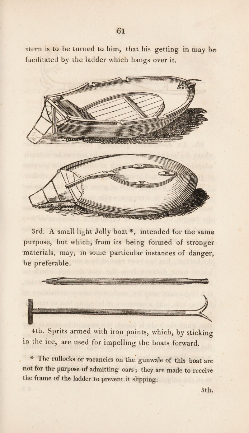 stern is to be turned to him, that his getting in may be facilitated by the ladder which hangs over it. 3rd. A small light Jolly boat*, intended for the same purpose, but which, from its being formed of stronger materials, may, in some particular instances of danger, be preferable. 4th. Sprits armed with iron points, which, by sticking in the ice, are used for impelling the boats forward. * The rullocks or vacancies on the gunwale of this boat are not for the purpose of admitting oars 5 they are made to receive the frame of the ladder to prevent it slipping. 5 th.