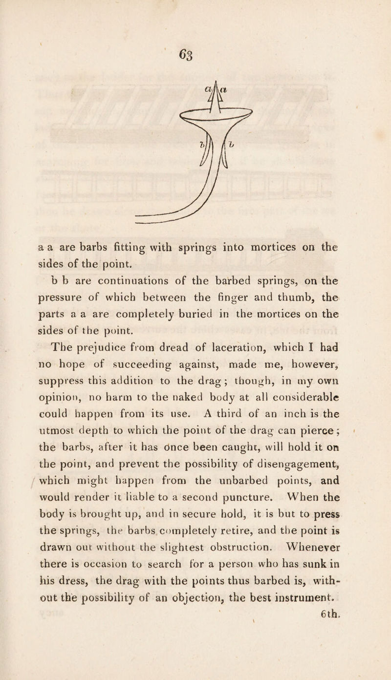 a a are barbs fitting with springs into mortices on the sides of the point. b b are continuations of the barbed springs, on the pressure of which between the finger and thumb, the parts a a are completely buried in the mortices on the sides of the point. The prejudice from dread of laceration, which I had no hope of succeeding against, made me, however, suppress this addition to the drag; though, in my own opinion, no harm to the naked body at all considerable could happen from its use. A third of an inch is the utmost depth to which the point of the drag can pierce ; the barbs, after it has Cnee been caught, will hold it on the point, and prevent the possibility of disengagement, which might happen from the unbarbed points, and would render it liable to a second puncture. When the body is brought up, and in secure hold, it is but to press the springs, the barbs completely retire, and the point is drawn out without the slightest obstruction. Whenever there is occasion to search for a person who has sunk in his dress, the drag with the points thus barbed is, with* out the possibility of an objection, the best instrument. 6tho
