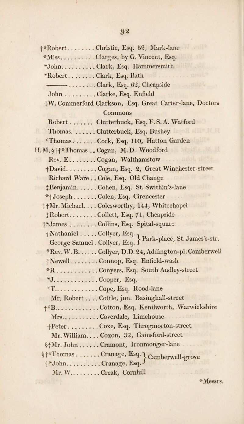 f*Robert.Christie, Esq. 52, Mark-lane *Miss.Clarges, by G. Vincent, Esq. *John.Clark, Esq. Hammersmith ^Robert..Clark, Esq. Bath ...Clark, Esq. 62, Cheapside John.Clarke, Esq. Enfield f W. Commerford Clarkson, Esq. Great Carter-lane, Doctor* Commons Robert....... Clutterbuck, Esq. F. S. A. Watford Thomas.Clutterbuck, Esq. Bushey *Thomas.Cock, Esq. 110, Hatton Garden H.M.§ff*Thomas .„ Cogan, M.D. Woodford Rev. E.. ..Cogan, Walthamstow f David.Cogan, Esq. 2, Great Winchester-street Richard Ware .. Cole, Esq. Old Change + Benjamin.Cohen, Esq. St. Swithin’s-lane Joseph.Colen, Esq. Cirencester jfMr.Michael.. . .Colesworthy, 144, Whitechapel +Robert.Collett, Esq. 71, Cheapside James.Collins, Esq. Spital-square ^Nathaniel.Collyer, Esq. -v ~ c i ^ t- > Park-place, St. James’s-str. George Samuel. Collyer, Esq. J L *Rev. W. B.Collyer, D.D. 24, Addington-pl. Camberwell fNewell.Connop, Esq. Enfield-wash *R ...Conyers, Esq. South Audley-street *J.Cooper, Esq. *T.Cope, Esq. Rood-lane Mr. Robert.... Cottle, jun. Basinglrall-street q*B.Cotton, Esq. Kenilworth, Warwickshire Mrs.Coverdale, Limehouse f Peter.Coxe, Esq. Throgmorton-street Mr. William_Coxon, 32, Gainsford-street §|Mr. John.Cramont, Ironmonger-lane § t*Thomas.Cranage, Esq. j CamberweU.grOTe f*John.Cranage, Esq. * Mr. W.Creak, Cornhill *Messrs.