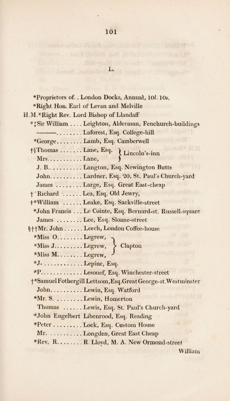 L. ^Proprietors of.. London Docks, Annual, 101.10$. * Right Hon. Earl of Levan and Melville H.M.* Right Rev. Lord Bishop of LlandalF *;}; Sir William .... Leighton, Alderman, Fenchurch-buildings ..Laforest, Esq. College-hill *George........ Lamb, Esq. Camberwell i§Thomas.Lane, Esq. ) r. . , . 15 1 i Lincoln s-inn Mrs.Lane, ) J. B.. Langton, Esq. Newington Butts John.Lardner, Esq. *20, St. Paul’s Church-yard James.Large, Esq. Great East-cheap f Richard *.Lea, Esq. Old Jewry, t*William .Leake, Esq. Sackville-street *John Francis . .. Le Cointe, Esq. Bernard-st. Russell-square James.Lee, Esq. Sloane-street Mr. John.Leech, London Coffee-house *Miss O.Legrew, *Miss J......... Legrew, > Clapton *Miss M........ Legrew, ^ *J-.*.Lepine, Esq. *P.Lesouef, Esq. Winchester-street f*Samuel Fothergill Lettsom,Esq.Great George-st. Westminster John.Lewin, Esq. Watford *Mr. S. .. .. Lewin, Homerton Thomas .Lewis, Esq. St. Paul’s Church-yard •*John Engelbert Libenrood, Esq. Reading *Peter.Lock, Esq. Custom House Mr.Longden, Great East Cheap *Rev. R........ R. Llovd, M. A. New Ormond-street William