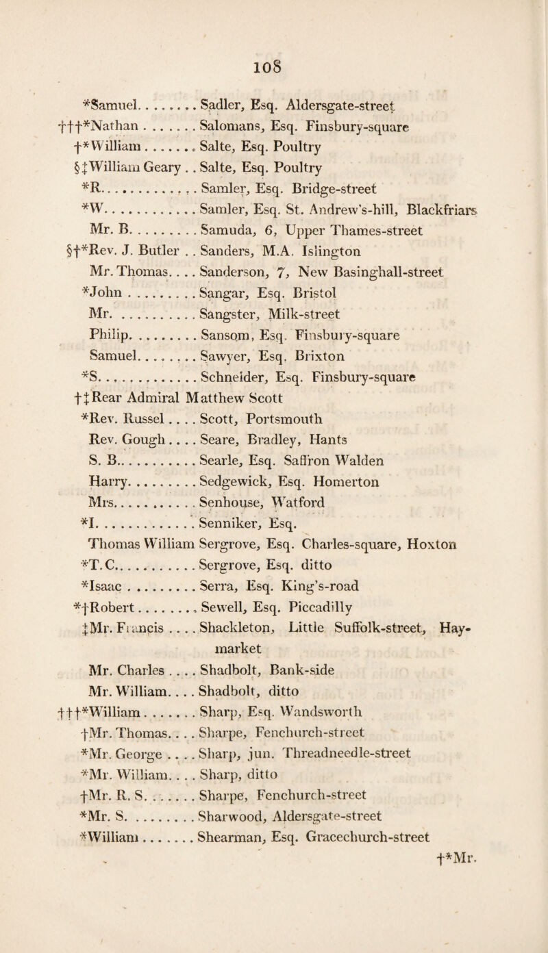 *Samuel.Sadler, Esq. Aldersgate-street ff f^Nathan.Salomans, Esq. Finsbury-square •j'*William.. Salte, Esq. Poultry §|William Geary .. Salte, Esq. Poultry *R.. Samler, Esq. Bridge-street *W.. Samler, Esq. St. Andrew’s-hi 11, Blackfriars Mr. B.Samuda, 6, Upper Thames-street §f*Rev. J. Butler .. Sanders, M.A. Islington Mr. Thomas.. .. Sanderson, 7, New Basinghall-street *Jolm.Sangar, Esq. Bristol Mr.Sangster, Milk-street Philip.Sansom, Esq. Finsbury-square Samuel. ....... Sawyer, Esq, Brixton *S.Schneider, Esq. Finsbury-square f |Rear Admiral Matthew Scott *Rev. Russel.... Scott, Portsmouth Rev. Gough .... Seare, Bradley, Hants S. B.Searle, Esq. Saffron Walden Harry.Sedgewick, Esq. Homerton Mrs.. Senhouse, Watford *1.Senniker, Esq. Thomas William Sergrove, Esq. Charles-square, Hoxton *T.C.Sergrove, Esq. ditto *Isaac.Serra, Esq. King’s-road *|Robert.. Sewell, Esq. Piccadilly fMr. Fianpis .... Shackleton, Little Suffolk-street, Hay- market Mr. Charles .... Shadbolt, Bank-side Mr. William.... Shadbolt, ditto |ff*William.Sharp, Esq. Wandsworth fMr. Thomas.. .. Sharpe, Fenchurch-street *Mr. George .... Sharp, jun. Threadneedle-street *Mr. William.. .. Sharp, ditto fMr. R. S.Sharpe, Fenchurch-street *Mr. S.Sharwood, Aldersgate-street William.Shearman, Esq. Gracechurch-street +*Mr.