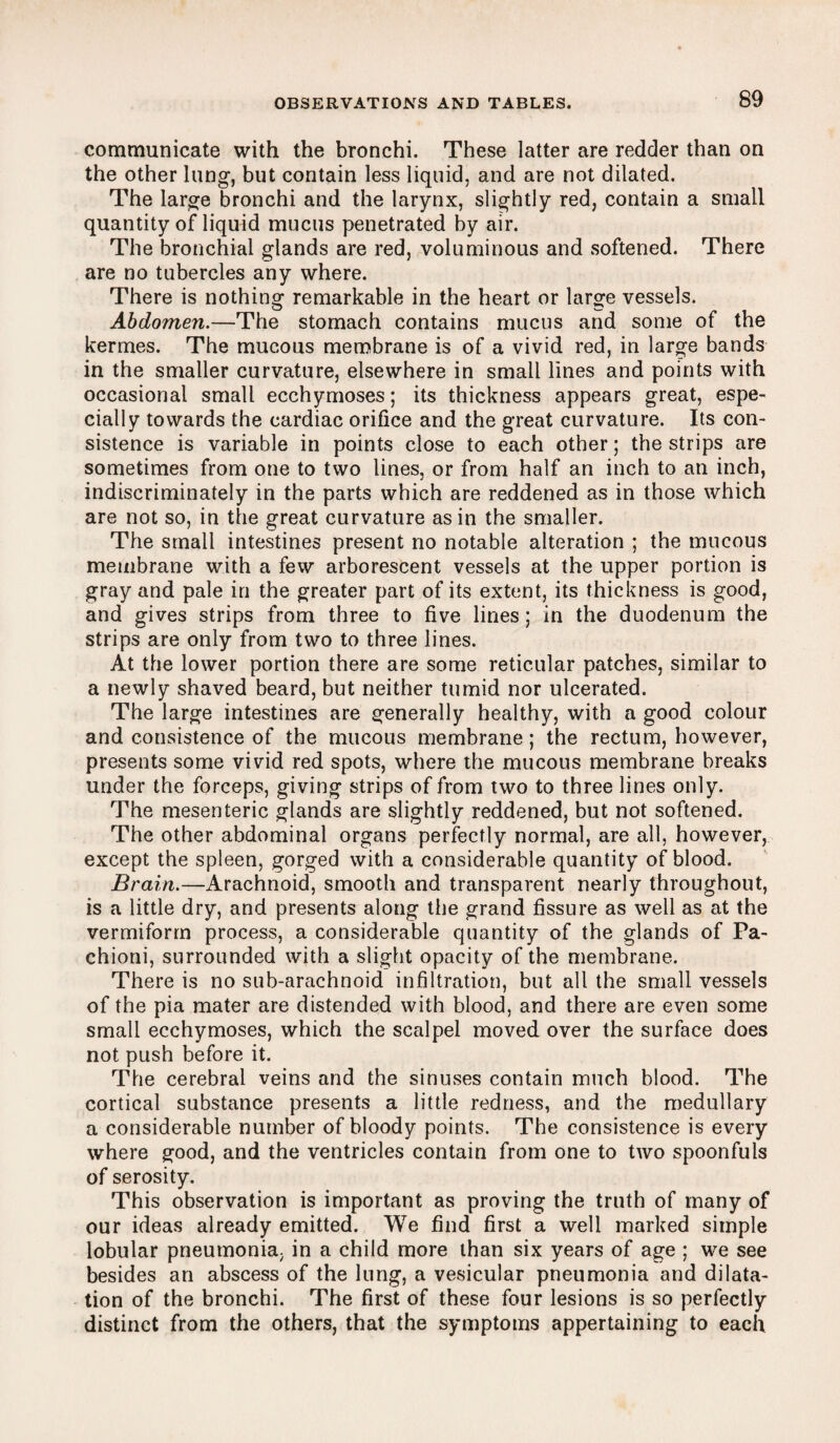 communicate with the bronchi. These latter are redder than on the other lung, but contain less liquid, and are not dilated. The large bronchi and the larynx, slightly red, contain a small quantity of liquid mucus penetrated by air. The bronchial glands are red, voluminous and softened. There are no tubercles any where. There is nothing remarkable in the heart or large vessels. Abdomen.—The stomach contains mucus and some of the kermes. The mucous membrane is of a vivid red, in large bands in the smaller curvature, elsewhere in small lines and points with occasional small ecchymoses; its thickness appears great, espe¬ cially towards the cardiac orifice and the great curvature. Its con¬ sistence is variable in points close to each other; the strips are sometimes from one to two lines, or from half an inch to an inch, indiscriminately in the parts which are reddened as in those which are not so, in the great curvature as in the smaller. The small intestines present no notable alteration ; the mucous membrane with a few arborescent vessels at the upper portion is gray and pale in the greater part of its extent, its thickness is good, and gives strips from three to five lines; in the duodenum the strips are only from two to three lines. At the lower portion there are some reticular patches, similar to a newly shaved beard, but neither tumid nor ulcerated. The large intestines are generally healthy, with a good colour and consistence of the mucous membrane; the rectum, however, presents some vivid red spots, where the mucous membrane breaks under the forceps, giving strips of from two to three lines only. The mesenteric glands are slightly reddened, but not softened. The other abdominal organs perfectly normal, are all, however, except the spleen, gorged with a considerable quantity of blood. Brain.—Arachnoid, smooth and transparent nearly throughout, is a little dry, and presents along the grand fissure as well as at the vermiform process, a considerable quantity of the glands of Pa- chioni, surrounded with a slight opacity of the membrane. There is no sub-arachnoid infiltration, but all the small vessels of the pia mater are distended with blood, and there are even some small ecchymoses, which the scalpel moved over the surface does not push before it. The cerebral veins and the sinuses contain much blood. The cortical substance presents a little redness, and the medullary a considerable number of bloody points. The consistence is every where good, and the ventricles contain from one to two spoonfuls of serosity. This observation is important as proving the truth of many of our ideas already emitted. We find first a well marked simple lobular pneumonia, in a child more than six years of age ; we see besides an abscess of the lung, a vesicular pneumonia and dilata¬ tion of the bronchi. The first of these four lesions is so perfectly distinct from the others, that the symptoms appertaining to each