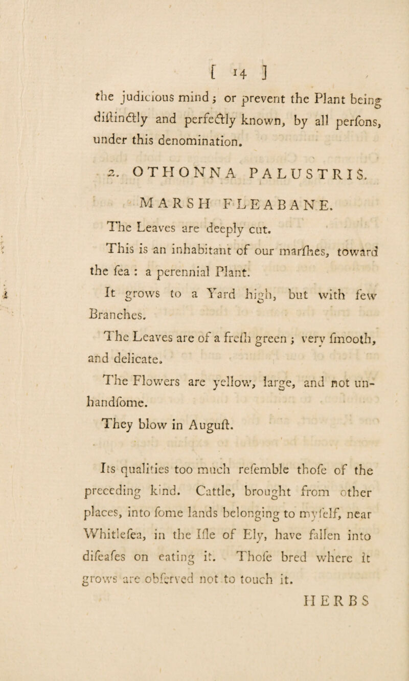 the judicious mind; or prevent the Plant being diitindtly and perfectly known, by all perfons, under this denomination. \ 2. OTHONNA PALUSTRIS. * * * j MARSH FLEABANE. The Leaves are deeply cut. This is an inhabitant of our marfhes, toward the fea : a perennial Plant. It grows to a Yard high, but with few Branches. 1 he Leaves are oi a frefli green ; very fmooth, and delicate. The Flowers are yellow, large, and not un- handfome. They blow in Auguft. i , Its qualities too much referable thofe of the preceding kind. Cattle, brought from other places, into feme lands belonging to myfelf, near Whitlefea, in the Ifle of Ely, have fallen into difeafes on eating it. Thofe bred where it grows are obferved not to touch it. HERBS