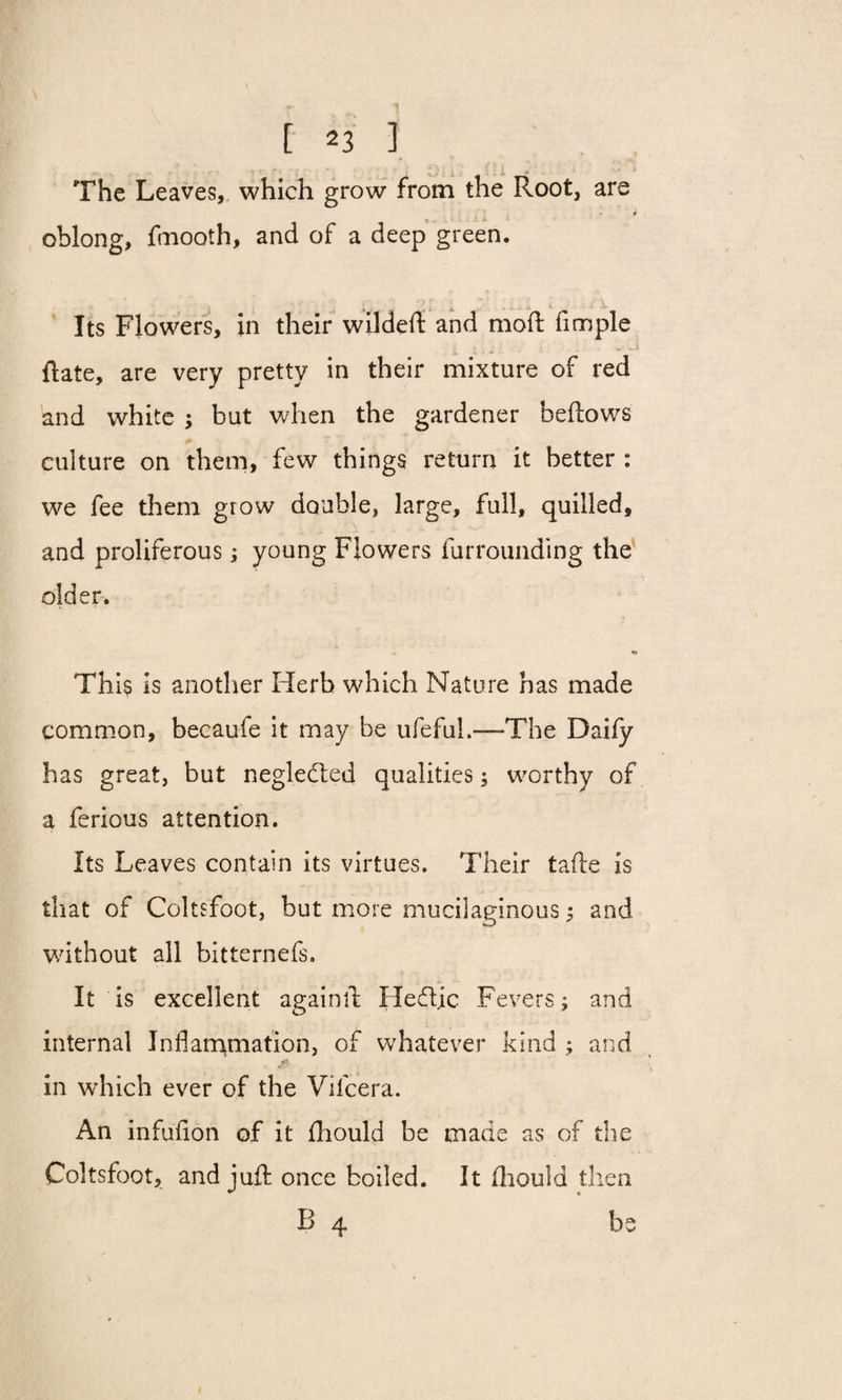 The Leaves, which grow from the Root, are * , .. * A y * oblong, fmooth, and of a deep green. ; ^ r ^ * ‘ - Its Flowers, in their wildeft and moil Ample Rate, are very pretty in their mixture of red and white ; but when the gardener bellows culture on them, few things return it better : we fee them grow double, large, full, quilled, and proliferous ; young Flowers furrounding the older. This is another Herb which Nature has made common, becaufe it may be ufefuL—The Daily has great, but negledled qualities; worthy of a ferious attention. Its Leaves contain its virtues. Their tafte is that of Coltsfoot, but more mucilaginous; and without all bitternefs. It is excellent againil Hedljc Fevers; and internal Inflammation, of whatever kind ; and in which ever of the Vifcera. An infufion of it flhould be made as of the Coltsfoot, and juft once boiled. It flaould then B 4 be