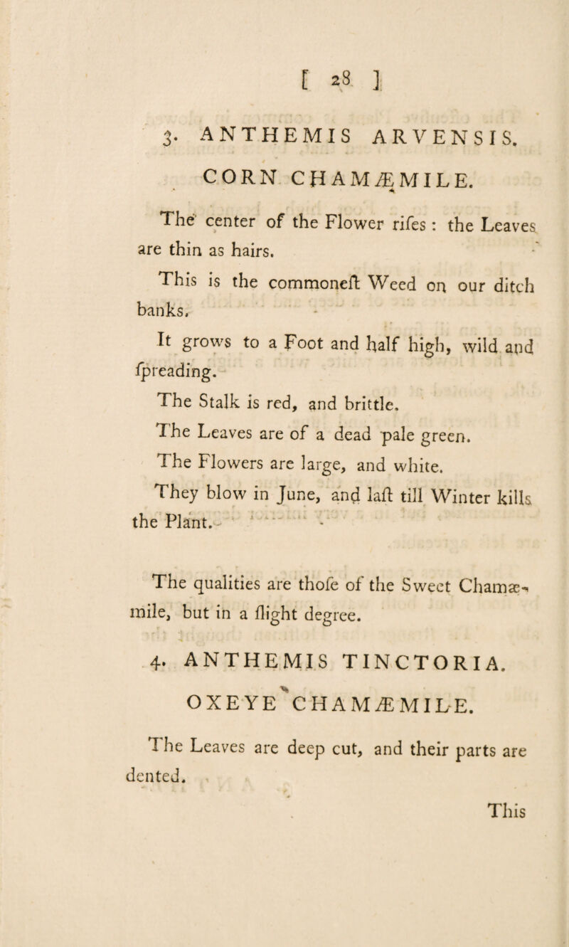 [ 23 ] 3- ANTHEMIS ARVENSIS. CORN CHAM JE MILE. The center of the Flower rifes: the Leaves are thin as hairs. This is the commoneft Weed on our ditch banks. It grows to a Foot and half high, wild and fpreading. The Stalk is red, and brittle. The Leaves are of a dead pale green. The Flowers are large, and white. They blow in June, and laft till Winter kills the Plant. - The qualities are thofe of the Sweet Chamae-. mile, but in a flight degree. 4. ANTHEMIS TINCTORIA. OXEYE'cHAMtEMIL-E. 1 he Leaves are deep cut, and their parts are dented. j 3 A \ f - I ,