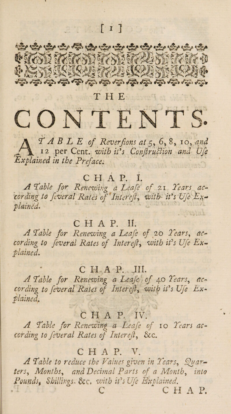 jT\. 12 per Cent, with it’s Conftruftion and ufe Explained in the Preface: C H A P. I. A Table for Renewing a Leafe of 21 Tears ac¬ cording to feveral Rates of Intereft9 with it’s Ufe Ex¬ plained, •> \ <4 f * <> -*■ CHAP. It. A Table for Renewing a Leafs of 10 Tears, ac¬ cording to feveral Rates of Inter eft> with Us Ufe Ex- plained. CHAP. ill. A Table for Renewing a Leafs of 40 Tears, ac¬ cording to feveral Rales of Intereft, with Us Ufe Ex¬ plained. C H A P. IV. A Table for Renewing a Leafe of 10 Tears ac¬ cording to feveral Rates of Intereft, See. CHAP. V. A Table to reduce the Values given in Tears, Shear- ters, Months, and Decimal Parts of a Months into Poundsg Shillings. &c. with Us Ufe Explained. C C H A ?.