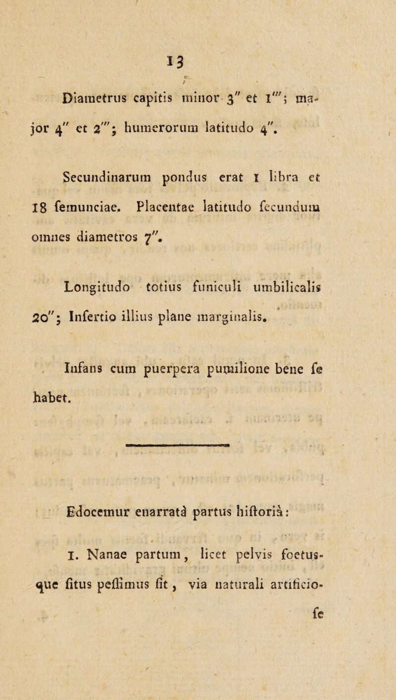 R- / I Diametrus capitis minor 3 et l'j ma¬ jor 4 et 2'; humerorum latitudo 4. Secundinarum pondus erat I libra et 18 feraunciae. Placentae latitudo fecundum omnes diametros 7. Longitudo totius funiculi umbilicalis 2o; Infertio illius plane marginalis. Infans cum puerpera pumilione bene fe habet. Edocemur enarratd partus hiftom: I. Nanae partum, licet pelvis foetus- que fitus pellimus fit, via naturali artificio- fe