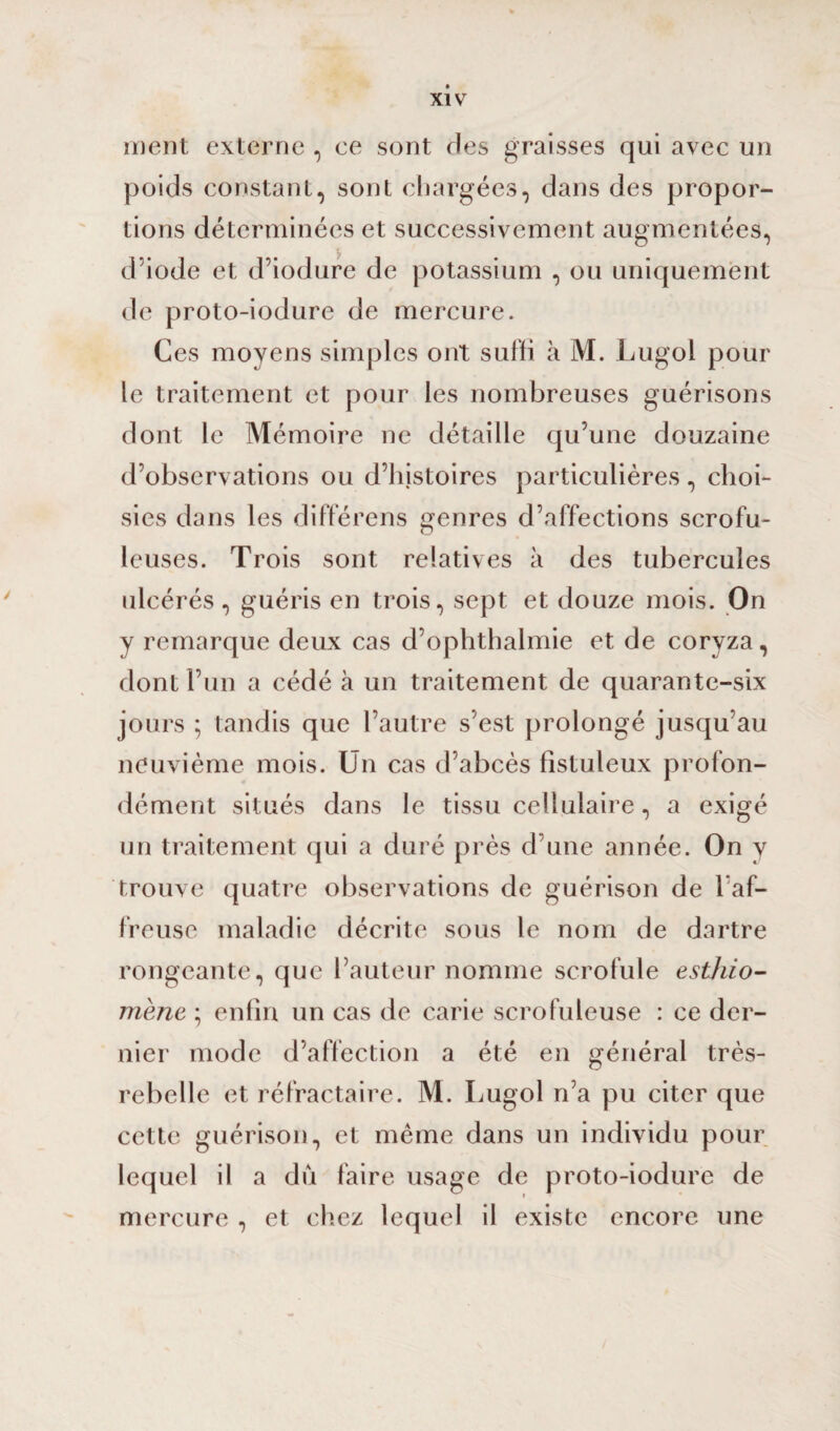 ment externe , ce sont des graisses qui avec un poids constant, sont chargées, dans des propor¬ tions déterminées et successivement augmentées, d iode et d’iodure de potassium , ou uniquement de proto-iodure de mercure. Ces moyens simples ont suffi à M. Lugol pour le traitement et pour les nombreuses guérisons dont le Mémoire ne détaille qu’une douzaine d’observations ou d’histoires particulières, choi¬ sies dans les différens genres d’affections scrofu- leuses. Trois sont relatives à des tubercules ulcérés , guéris en trois, sept et douze mois. On y remarque deux cas d’ophthalmie et de coryza, dont l’un a cédé à un traitement de quarante-six jours ; tandis que l’autre s’est prolongé jusqu’au neuvième mois. Un cas d’abcès fistuleux profon¬ dément situés dans le tissu cellulaire, a exigé un traitement qui a duré près d’une année. On v trouve quatre observations de guérison de 1 af¬ freuse maladie décrite sous le nom de dartre rongeante, que l’auteur nomme scrofule estido- mène ; enfin un cas de carie scrofuleuse : ce der¬ nier mode d’affection a été en général très- rebelle et réfractaire. M. Lugol n’a pu citer que cette guérison, et même dans un individu pour lequel il a dû faire usage de proto-iodure de mercure , et chez lequel il existe encore une