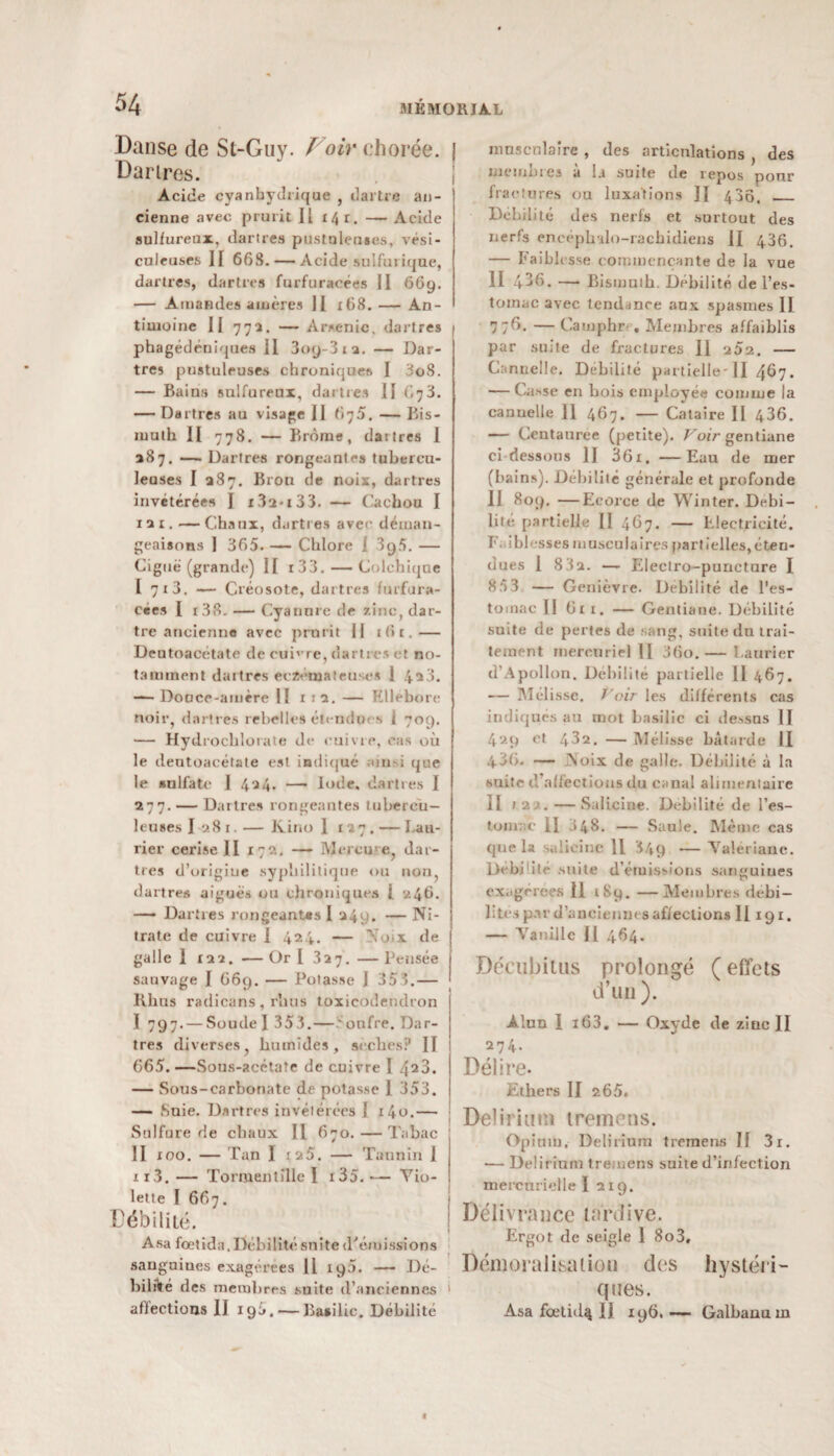 Danse de St-Guy. Voir chorée. ( Dartres. Acide cyanhydrique , dartre an¬ cienne avec prurit II 14 r. — Acide sulfureux, dartres pustuleuses, vési- culeuses II 668.— Acide sulfurique, dartres, dartres furfuraeées II 669. — Amandes amères II 168. — An¬ timoine II 772. — Arsenic, dartres 1 phagédéniques II 3o(j-3ia. — Dar¬ tres pustuleuses chroniques I 3o8. — Bains sulfureux, dartres II (',73. — Dartres au visage II t»75. — Bis¬ muth Il 778. — Brome, daitres I 387. — Dartres rongeantes tubercu¬ leuses I 287. Brou de noix, dartres invétérées I i32-i33. — Cachou I 12 1.—Chaux, dartres avec déman¬ geaisons I 365. — Chlore I 39.5. — Ciguë (grande) II r33. — Colchique I 71 3. Créosote, dartres furfura- cees I r38. — Cyanure de zinc, dar¬ tre ancienne avec prurit II 1 <> c.— Deutoacétatc de cuivre, dartres et no¬ tamment daitres eczémateuses 1 4^3. — Douce-amère Il x.a. — Ellébore noir, dartres rebelles étendues I 709. — Hydrochlorate de cuivre, cas où le deutoacétate est indiqué ainsi que le sulfate I 424. —• Iode, dartres I 277. — Dartres rongeantes tubercu¬ leuses I 281. — Jvino 1 127. — Lau¬ rier cerise II 172, —- Mercure, dar¬ tres d’origiue syphilitique ou non, dartres aiguës ou chroniques i 2.46. — Dartres rongeantes I 240. — Ni¬ trate de cuivre I 424. — No x de galle 1 122. — Orl 327. — Pensée sauvage I 669. — Potasse J 35 3,— Rlins radicans , rîius toxicodendron I 797. — Soude I 353. — 'onfre. Dar¬ tres diverses, humides, sèches? II 665. —Sous-acétate de cuivre I 428. — Sous-carbonate de potasse 1 353. — Suie. Dartres invétérées I i4o.— Sulfure de chaux II 670. — Tabac ; II 100. — Tan 1 ra5. — Tannin 1 ii3. — Tormentîlle I i35. — Vio¬ lette l 667. Débilité. Asa fœtida,Débilité suite d'émissions sanguiues exagérées 11 190. — Dé¬ bilité des membres suite d’anciennes 1 affections II 196. — Basilic. Débilité musculaire , des articulations , des membres à la suite de repos pour fractures ou luxations II 4 36. _ Débilité des nerfs et surtout des nerfs en céphalo-rachidiens II 436. — Faiblesse commençante de la vue II 436. — Bismuth. Débilité de l’es¬ tomac avec tendance aux spasmes II 7 7^- — Camphr , Membres affaiblis par suite de fractures II 202. — Cannelle. Débilité partielle' II 467. — Casse en bois employée comme la canuelle 11 467. — Cataire II 436. — Centaurée (petite). Voir gentiane ci dessous II 36i. —Eau de mer (bains). Débilité générale et profonde Il 809, —Ecorce de Winter. Débi¬ lité partielle II 467. — Electricité. Faiblesses musculaires partielles, éten¬ dues 1 83a. —- Electro-puncture I 853 — Genièvre. Débilité de l’es¬ tomac II 6r 1. — Gentiane. Débilité suite de pertes de sang, suite du trai¬ tement mercuriel II J60. — Laurier d’Apollon. Débilité partielle II 467. — Mélisse. Voir les différents cas indiqués au mot basilic ci dessus II 429 et 432. — Mélisse bâtarde II 436. — Noix de galle. Débilité à la suite d’affections du canal alimentaire II 12;, — Salicine. Débilité de l’es¬ tomac II 348. — Saule. Même cas que la s.dieinc U 849 — Valériane. Debi ite suite d’émissions sanguines exagérées II 1S9. —Membres débi¬ lites par d’anciennes affections II x 91. — Vanille II 464. Décubitus prolongé ( effets d’un ). Alun 1 i63. — Oxyde de ziuc II 274. Délire- Ethers II 265. Delirium iremens. Opium. Delirium tremens II 3i. — Delirium tremens suite d’infection mercurielle I 219. Délivrance tardive. Ergot de seigle I 8o3, Démoralisation des hystéri¬ ques. Asa fœtida II 196.— Galbanum