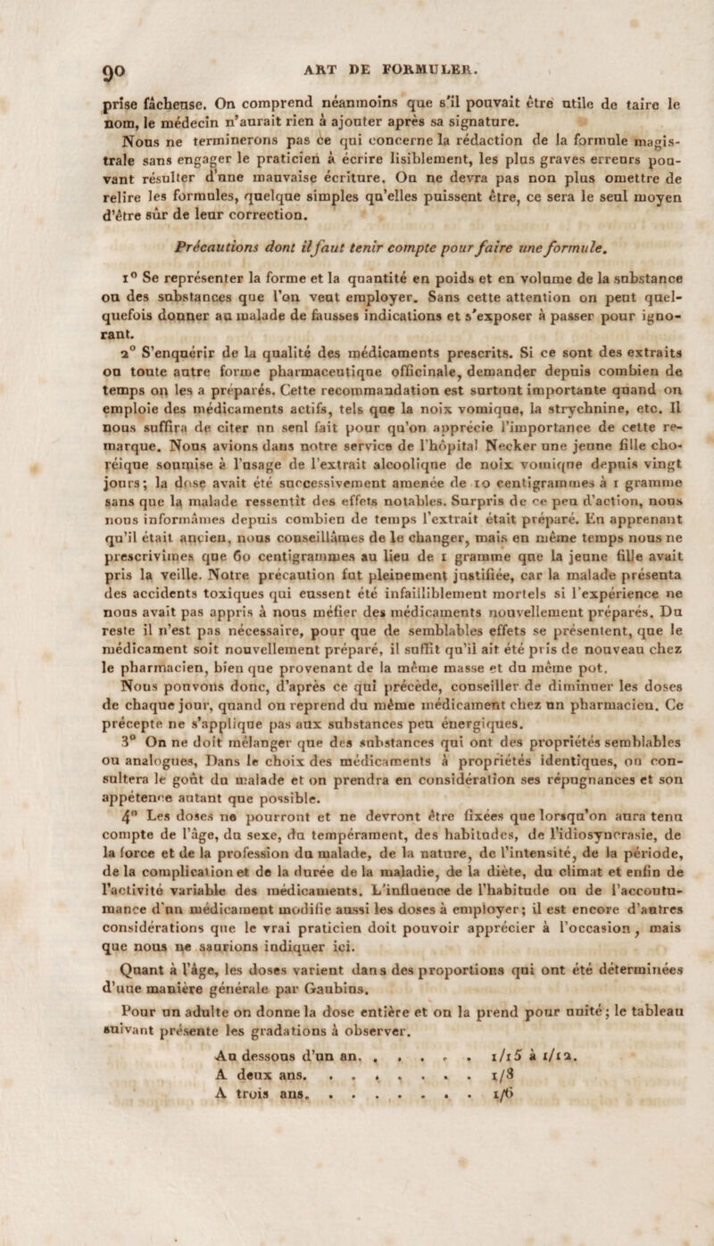 9? prise fâcheuse. On comprend néanmoins que s'il pouvait être utile de taire le nom, le médecin n’aurait rien à ajouter après sa signature. Nous ne terminerons pas èe qui concerne la rédaction de la formule magis¬ trale sans engager le praticien à écrire lisiblement, les plus graves erreurs pou¬ vant résulter d’une mauvaise écriture. On ne devra pas non plus omettre de relire les formules, quelque simples qu’elles puissent être, ce sera le seul moyen d’être sûr de leur correction. Précautions dont il faut tenir compte pour faire une formule. i° Se représenter la forme et la quantité en poids et en volume de la substance ou des substances que l’on veut employer. Sans cette attention on peut quel¬ quefois donner au malade de fausses indications et s'exposer à passer pour igno¬ rant. 2° S’enquérir de la qualité des médicaments prescrits. Si ce sont des extraits ou toute autre forme pharmaceutique officinale, demander depuis combien de temps on les a préparés. Cette recommandation est surtout importante quand on emploie des médicaments actifs, tels que la noix vomique, la strychnine, etc. Il nous suffira dp citer nn seul fait pour qu’on apprécie l’importance de cette re¬ marque. Nous avions dans notre service de l’hôpital Necker une jenne fille cho¬ réique soumise à l’usage de l’extrait alcoolique de noix voiuiqne depuis vingt jours; la dose avait été successivement amenée de 10 centigrammes à x gramme sans que la malade ressentît des effets notables. Surpris de ce peu d’action, nous nous informâmes depuis combien de temps l’extrait était préparé. En apprenant qu’il était ancien, nous conseillâmes de le changer, mais en même temps nous ne prescrivîmes que 60 centigrammes au lieu de 1 gramme qne la jeune fille avait pris la veille. Notre précaution fut pleinement justifiée, car la malade présenta des accidents toxiques qui eussent été infailliblement mortels si l’expérience ne nons avait pas appris à nous méfier des médicaments nouvellement préparés. Du reste il n’est pas nécessaire, pour que de semblables effets se présentent, que le médicament soit nouvellement prépai'é, il suffit qn’il ait été pris de nouveau chez le pharmacien, bien que provenant de la même masse et du même pot. Nous pouvons donc, d’après ce qui précède, conseiller de diminuer les doses de chaque jour, quand on reprend du même médicament chez un pharmacien. Ce précepte ne s’applique pas aux substances peu énergiques. 3° On ne doit mélanger que des substances qui ont des propriétés semblables ou analogues, Dans le choix des médicaments à propriétés identiques, on con¬ sultera le goût du malade et on prendra en considération ses répugnances et son appétence autant que possible. 4° Les doses ne pourront et ne devront être fixées qne lorsqu’on aura tenu compte de l’âge, du sexe, du tempérament, des habitudes, de l’idiosyncrasie, de la force et de la pi'ofession du malade, de la nature, de l’intensité, de la période, de la complication et de la durée de la maladie, de la diète, du climat et enfin de l’activité variable des médicaments. L'influence de l’habitude ou de l’accoutu¬ mance d’nn médicament modifie aussi les doses à employer; il est encore d’antres considérations que le vrai praticien doit pouvoir apprécier à l’occasion , mais que nous ue saurions indiquer ici. Quant à l’âge, les doses varient dans des proportions qni ont été déterminées d’uue manière générale par Gaubins. Pour nu adulte on donne la dose entière et on la prend pour nnité; le tableau suivant présente les gradations à observer. Au dessous d’un an. . , . <■ . i/i5 à 1/12. A deux ans.. . x/S A trois ans. ....... i/fi