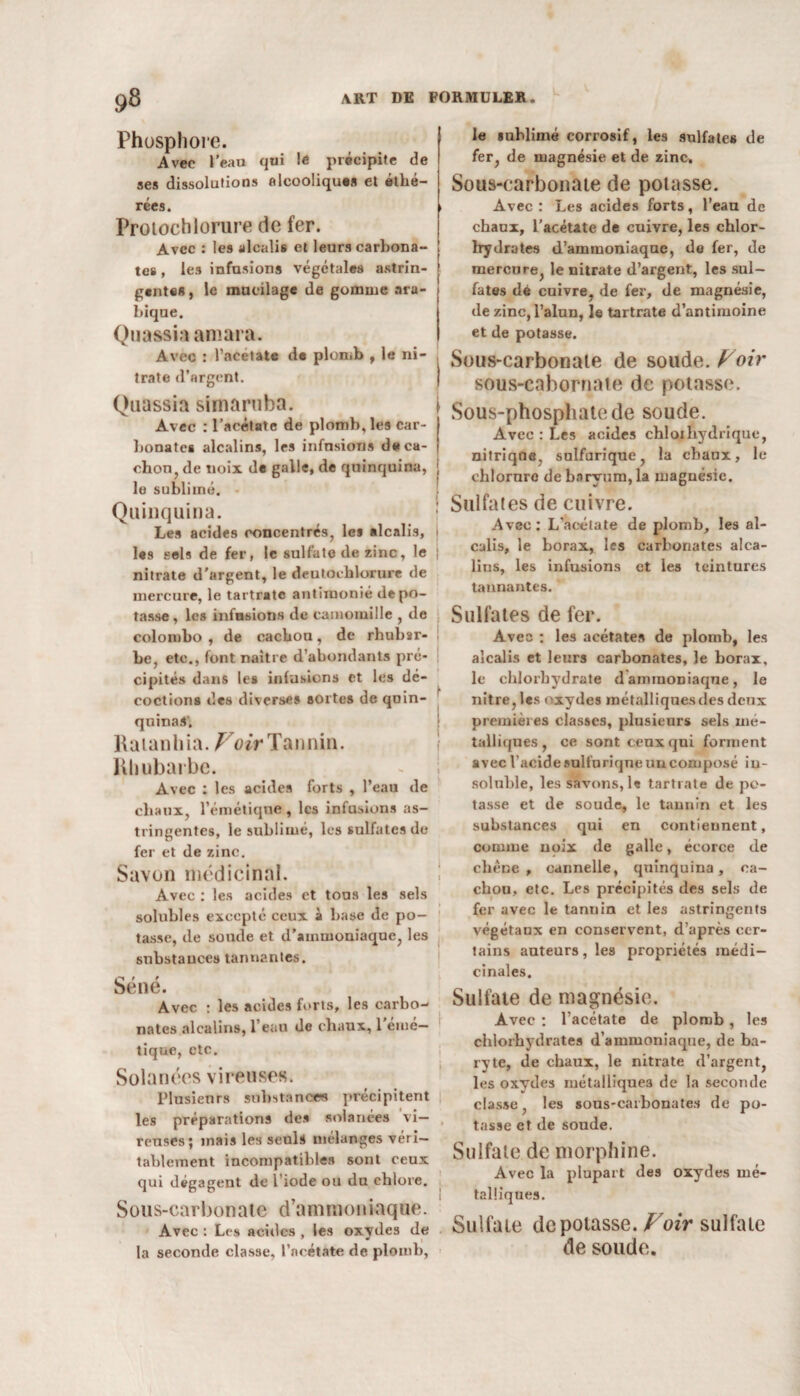 Phosphore. Avec l'eau qui le précipite de ses dissolutions alcooliques et éthé- rées. 1 Prolochlorure de fer. Avec : les alcalis et leurs carbona¬ tes , les infusions végétales astrin¬ gentes, le mucilage de gomme ara¬ bique. Quassia aniara. Avec : l’acetate de plomb , le ni¬ trate d’argent. Quassia simaruba. Avec : l’acétate de plomb, les car¬ bonates alcalins, les infusions da ca¬ le sublimé. Quinquina. Les acides concentrés, les alcalis, las sels de fer, le sulfate de zinc, le nitrate d'argent, le dcutochlorure de mercure, le tartrate antimonié dépo¬ tasse, les infusions de camomille , de Colombo, de cacbon, de rhubar¬ be, etc., font naître d’abondants pré¬ cipités dans les infusions et les dé¬ coctions des diverses sortes de quin¬ quinas’. R a t an h i a. V0ir Ta 11 nin. Rhubarbe. Avec : les acides forts , l’eau de chaux, l’émétique, les infusions as¬ tringentes, le sublimé, les sulfates de fer et de zinc. Savon médicinal. Avec : les acides et tous les sels solubles excepté ceux à base de po¬ tasse, de sonde et d’ammoniaque, les substances tannantes. Sene. Avec : les acides forts, les carbo¬ nates alcalins, l’eau de chaux, 1 émé¬ tique, etc. Solanécs vireuses. Plusieurs substances précipitent les préparations des solanées vi- renses; mais les seuls mélanges véri¬ tablement incompatibles sont ceux qui dégagent de l’iode ou du chlore. Sous-carbonate d’ammoniaque. Avec : Les acides , les oxydes de la seconde classe, Pncétate de plomb, le sublimé corrosif, les sulfate» de fer, de magnésie et de zinc. Sous-carbonate de potasse. Avec: Les acides forts, l’eau de chaux, l’acétate de cuivre, les chlor¬ hydrates d’ammoniaque, do fer, de mercure, le nitrate d’argent, les sul¬ fates dé cuivre, de fer, de magnésie, de zinc, l’alun, le tartrate d’antimoine et de potasse. Sous-carbonaie de soude. Voir sous-cabornaie de potasse. Sous-phosphate de soude. Avec : Les acides chlorhydrique, nitrique, sulfurique, la chaux, le chlorure de baryum, la magnésie. Sulfates de cuivre. Avec: L’acétate de plomb, les al¬ calis, le borax, les carbonates alca¬ lins, les infusions et les teintures tannantes. ' Sulfates de fer. Avec : les acétates de plomb, les alcalis et leurs carbonates, le borax, le chlorhydrate dammoniaque, le nitre, les oxydes métalliques des deux premières classes, plusieurs sels mé¬ talliques , ce sont ceux qui forment avec l’acidesulfuriqneuucomposé in¬ soluble, les savons, 1« tartrate de po¬ tasse et de soude, le tannin et les substances qui en contiennent, comme noix de galle, écorce de chêne, cannelle, quinquina, ca¬ chou, etc. Les précipités des sels de fer avec le tanuin et les astringents végétaux en conservent, d’après cer¬ tains auteurs, les propriétés médi¬ cinales. Sulfate de magnésie. Avec : l’acétate de plomb, les chlorhydrates d’ammoniaque, de ba¬ ryte, de chaux, le nitrate d’argent, les oxydes métalliques de la seconde classe, les sons-carbonates de po¬ tasse et de soude. Sulfate de morphine. Avec la plupart des oxydes mé¬ talliques. Sulfate dépotasse. Voir sulfate de soude.