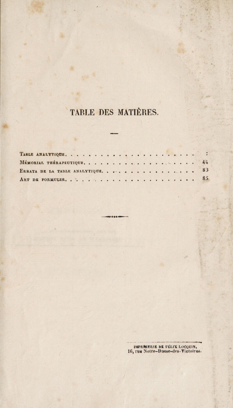 TABLE DES MATIÈRES Table analytique. Mémorial thérapeutique. . . . Errata de la table analytique Art de formuler, ...... A 44 83 85 IMPRIMERIE DE FÉLIX LOCQU1N, 16, rue î^olre-Da«ie-iies-Vietoire*.