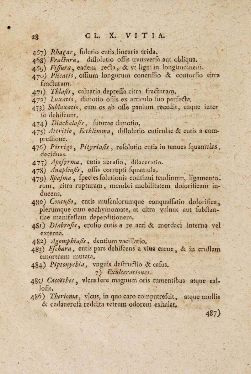 I V /’ i . 2« C L. X. V I T I A. i v • < # *t\ 467) Rhagas^ folutio cutis.linearis arida* 468) Fractura, diilolutio olTis trausverfa aut obliqua. 469) F*Ifura-> eadem recdn, & vt ligni in longitudinem. 470) Plicatio, olTium longorum concuflio & coiitorlio citra fradhiram. 471) Thla/is , caluaria depreffa citra fradluram. 472) Luxatio y dimotio ollis ex articulo (uo perfedla. 473) Subluxatio, eum os ab olle paulum recedit, eaque inter fe dehifcunt. , * > 474) Diachalafis, futurae dimotio. 475) Attritio , Ecthlimma, diilolutio cuticulae & cutis a com- ^ preilioae. 476) Porrigo, Pi tyria/is, refolutio cutis in tenues fquamulas, deciduas. 477) Apofyrnidy cutis abrado, dilaceratio. 478) Anapleujis, oAis corrupti lquamula. 479) Spajma 5 fpecies folutionis continui tendinum, ligamento, rum, citra rupturam, membri mobilitatem dolorificam in¬ ducens. 480) GontufiOy cutis rnufcnlorumque conquallatio dolorifica, plerumque cum ecchymomatc, at citra vulnus aut fubllan- tiae manifeflam deperditjonem. 4S1) Diabrojif, erolio cutis a re acri & mordaci interna vel externa. 482) Agomphia/ts, dentium vacillatio. 483) Ffcharay cutis pars dehifcens a viua carne, & in crudam emortuam mutata. 484) Piptonychia, vnguis dedrucAio & cafus. v ' 7) Exulcerationes, v 4§>J Cacoethes > vicus fere magnum oris tumentibus atque eal- lolis. 486) Therioma, vicus, in quo caro computrefcit, atque mollis & cadauerofa reddita tetrum odorem exhalat, 487)