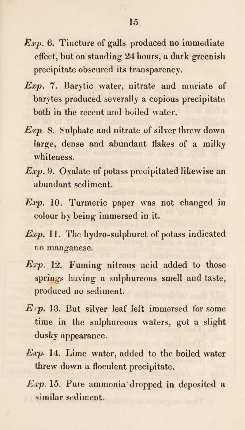 Exp. 6, Tincture of galls produced no immediate effect, but on standing 24 hours, a dark greenish precipitate obscured its transparency. Exp. 7. Barytie water, nitrate and muriate of barytes produced severally a copious precipitate both in the recent and boiled water. Exp. S. Sulphate and nitrate of silver threw down large, dense and abundant flakes of a milky whiteness. Exp. 9. Oxalate of potass precipitated likewise an abundant sediment. Exp. 10. Turmeric paper was not changed in colour by being immersed in it. Exp. 11. The hydro-sulphuret of potass indicated no manganese. Exp. 12. Fuming nitrous acid added to those springs having a sulphureous smell and taste, produced no sediment. Exp. 13. But silver leaf left immersed for some time in the sulphureous waters, got a slight dusky appearance. Exp. 14. Lime water, added to the boiled water threw down a floculent precipitate. Exp. 15. Pure ammonia dropped in deposited a similar sediment.
