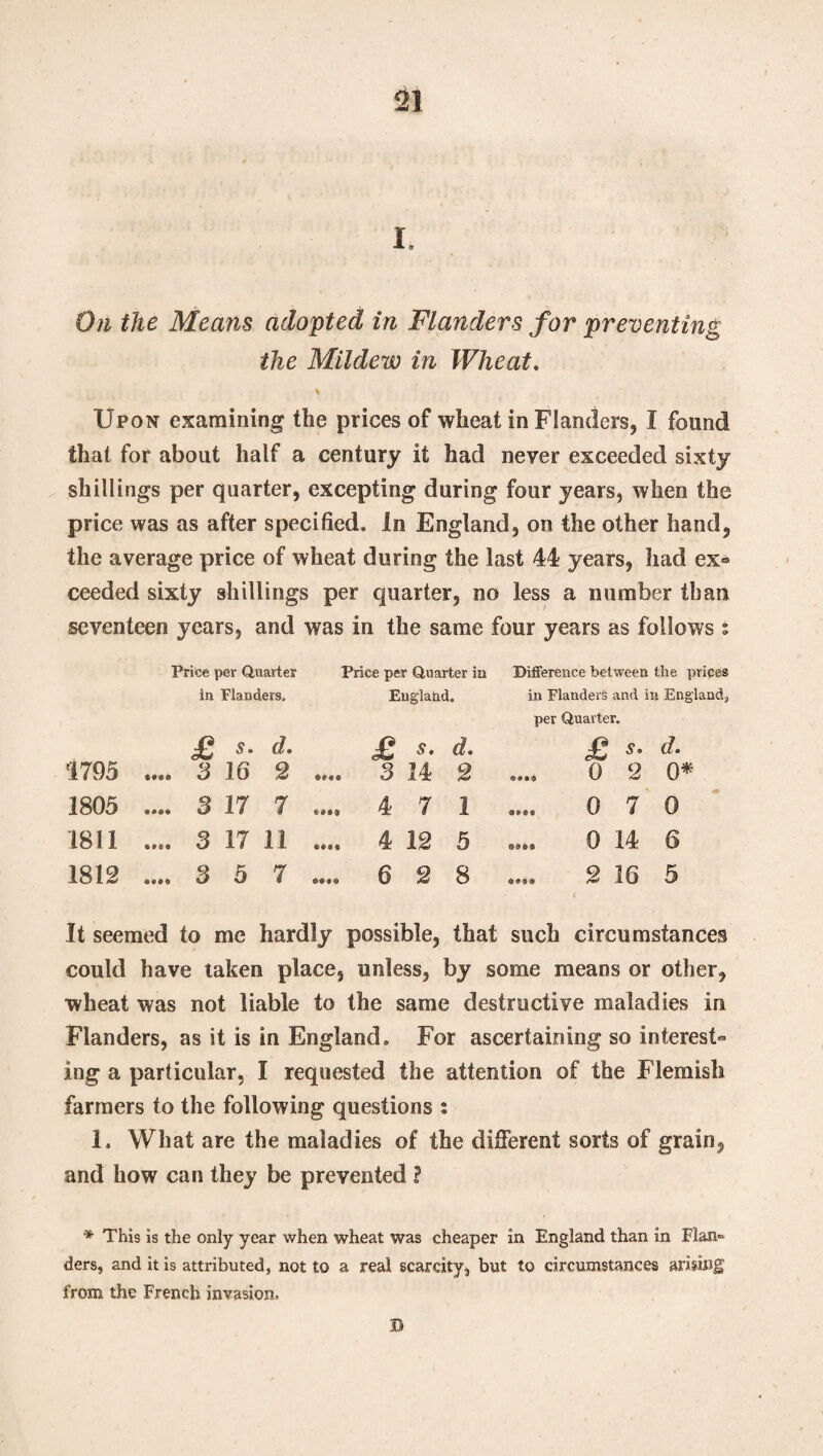 I. On the Means adopted in Flanders for preventing the Mildew in Wheat. Upon examining the prices of wheat in Flanders, I found that for about half a century it had never exceeded sixty shillings per quarter, excepting during four years, when the price was as after specified. In England, on the other hand, the average price of wheat during the last 44 years, had ex® ceeded sixty shillings per quarter, no less a number than seventeen years, and was in the same four years as follows i '1795 1805 1811 1812 Price per Quarter in Flanders. £ s• d* .... 3 16 2 .... 3 17 7 .... 3 17 11 .... 3 5 7 Price per Quarter in England, £ d. .... 3 14 2 .... 4 7 1 .... 4 12 5 .... 6 2 8 Difference between the prices in Flanders and in England, per Quarter. £ s° d. 0 2 0* 0 7 0 0 14 6 .... 2 16 5 It seemed to me hardly possible, that such circumstances could have taken place, unless, by some means or other, wheat was not liable to the same destructive maladies in Flanders, as it is in England. For ascertaining so interest¬ ing a particular, I requested the attention of the Flemish farmers to the following questions : 1. What are the maladies of the different sorts of grain, and how can they be prevented ? * This is the only year when wheat was cheaper in England than in Flan® ders, and it is attributed, not to a real scarcity 3 but to circumstances arising from the French invasion. D