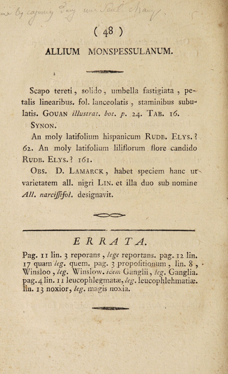 o. (43) I ' N ' f,  ‘ ALLIUM MONSPESSULANUM. Scapo tereti 9 solido, umbella fastigiata . pe¬ talis linearibus, fol. lanceolatis 5 staminibus subu- latis. GOUAN illustrat. bot. /?. 24. Tab. i6. Synon. An moly latifolium Hispanicum Rude. Elys. ? 62. An moly latifolium liliflorum flore candido Rudb. Elys.? 161. Obs. D. Lamarck 9 habet speciem hanc uts varietatem all. nigri Lin. et illa duo sub nomine AlL narciJJifoL designavit. ERRA T A. Pag. 11 lin. 3 reporans , lege reportans, pag. 12 lin. 17 quamAg. quem. pag. 3 propohtionum 9 lin. 8 9 * Winsloo , leg. Winslow. idem Ganglii, leg. Ganglia, pag. 4 lin. 11 leucophlegmatas, leg. leucophlehmatice, lin. 13 noxior, leg. magis noxia. i''wwnirin'wiiiwi *