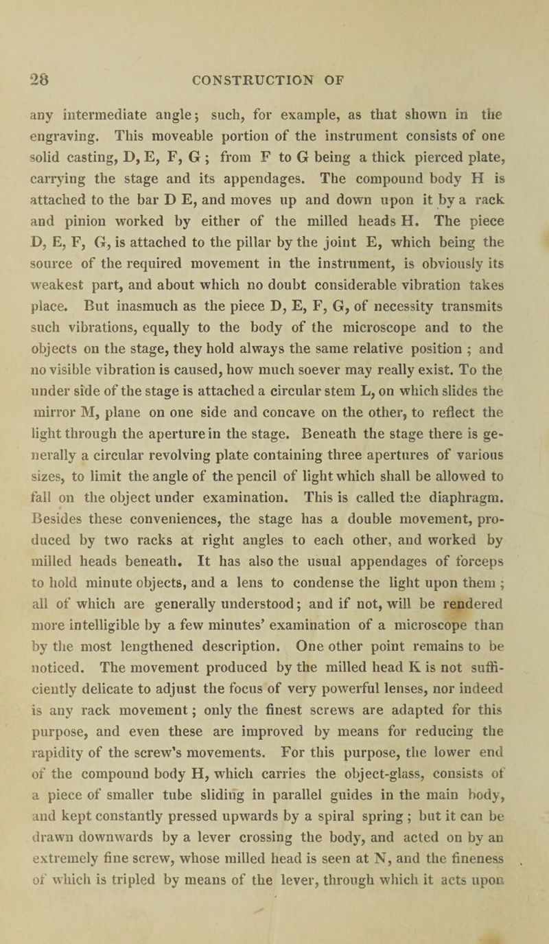 any intermediate angle; such, for example, as that shown in the engraving. This moveable portion of the instrument consists of one solid casting, D, E, F, G ; from F to G being a thick pierced plate, carrying the stage and its appendages. The compound body H is attached to the bar D E, and moves up and down upon it by a rack and pinion worked by either of the milled heads H. The piece D, E, F, G, is attached to the pillar by the joint E, which being the source of the required movement in the instrument, is obviously its weakest part, and about which no doubt considerable vibration takes place. But inasmuch as the piece D, E, F, G, of necessity transmits such vibrations, equally to the body of the microscope and to the objects on the stage, they hold always the same relative position ; and no visible vibration is caused, how much soever may really exist. To the under side of the stage is attached a circular stem L, on which slides the mirror M, plane on one side and concave on the other, to reflect the light through the aperture in the stage. Beneath the stage there is ge¬ nerally a circular revolving plate containing three apertures of various sizes, to limit the angle of the pencil of light which shall be allowed to fall on the object under examination. This is called the diaphragm. Besides these conveniences, the stage has a double movement, pro¬ duced by two racks at right angles to each other, and worked by milled heads beneath. It has also the usual appendages of forceps to hold minute objects, and a lens to condense the light upon them ; all of which are generally understood; and if not, will be rendered more intelligible by a few minutes’ examination of a microscope than by the most lengthened description. One other point remains to be noticed. The movement produced by the milled head K is not suffi¬ ciently delicate to adjust the focus of very powerful lenses, nor indeed is any rack movement; only the finest screws are adapted for this purpose, and even these are improved by means for reducing the rapidity of the screw’s movements. For this purpose, the lower end of the compound body H, which carries the object-glass, consists of a piece of smaller tube sliding in parallel guides in the main body, and kept constantly pressed upwards by a spiral spring ; but it can be drawn downwards by a lever crossing the body, and acted on by an extremely fine screw, whose milled head is seen at N, and the fineness of which is tripled by means of the lever, through which it acts upon