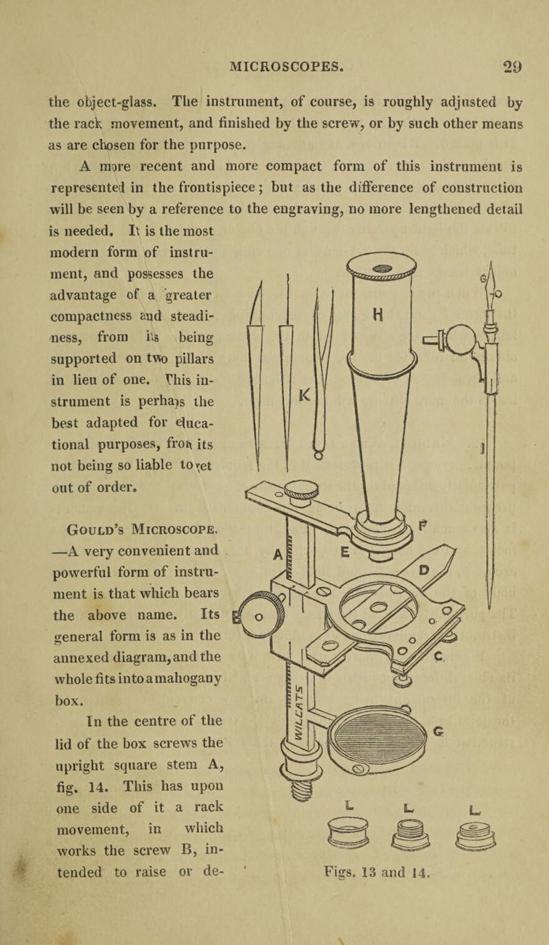 the object-glass. The instrument, of course, is roughly adjusted by the rack movement, and finished by the screw, or by such other means as are chosen for the purpose. A more recent and more compact form of this instrument is represented in the frontispiece; but as the difference of construction will be seen by a reference to the engraving, no more lengthened detail is needed. It is the most modern form of instru¬ ment, and possesses the advantage of a greater compactness aud steadi¬ ness, from its being supported on two pillars in lieu of one. Phis in¬ strument is perhaos the best adapted for efuca- tional purposes, frot\ its not being so liable to»et out of order. Gould’s Microscope. —A very convenient and powerful form of instru¬ ment is that which bears the above name. Its general form is as in the annexed diagram, and the whole fits intoamahogany box. In the centre of the lid of the box screws the upright square stem A, fig. 14. This has upon one side of it a rack movement, in which works the screw B, in¬ tended to raise or de- Figs. 13 and 14.