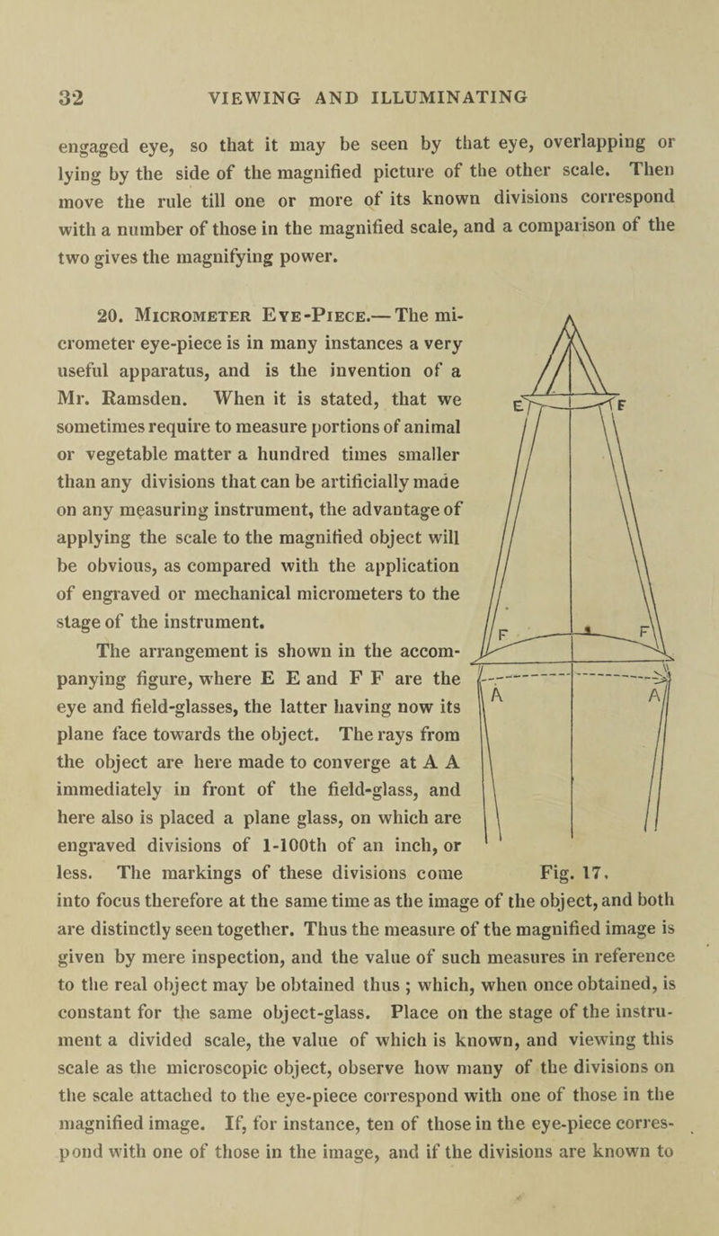 engaged eye, so that it may be seen by that eye, overlapping or lying by the side of the magnified picture of the other scale. Then move the rule till one or more ot its known divisions correspond with a number of those in the magnified scale, and a comparison of the two gives the magnifying power. 20. Micrometer Eye-Piece.— The mi¬ crometer eye-piece is in many instances a very useful apparatus, and is the invention of a Mr. Ramsden. When it is stated, that we sometimes require to measure portions of animal or vegetable matter a hundred times smaller than any divisions that can be artificially made on any measuring instrument, the advantage of applying the scale to the magnified object will be obvious, as compared with the application of engraved or mechanical micrometers to the stage of the instrument. The arrangement is shown in the accom¬ panying figure, where E E and F F are the eye and field-glasses, the latter having now its plane face towards the object. The rays from the object are here made to converge at A A immediately in front of the field-glass, and here also is placed a plane glass, on which are engraved divisions of l-100th of an inch, or less. The markings of these divisions come Fig. 17. into focus therefore at the same time as the image of the object, and both are distinctly seen together. Thus the measure of the magnified image is given by mere inspection, and the value of such measures in reference to the real object may be obtained thus ; which, when once obtained, is constant for the same object-glass. Place on the stage of the instru¬ ment a divided scale, the value of which is known, and viewing this scale as the microscopic object, observe how many of the divisions on the scale attached to the eye-piece correspond with one of those in the magnified image. If, for instance, ten of those in the eye-piece corres¬ pond with one of those in the image, and if the divisions are known to