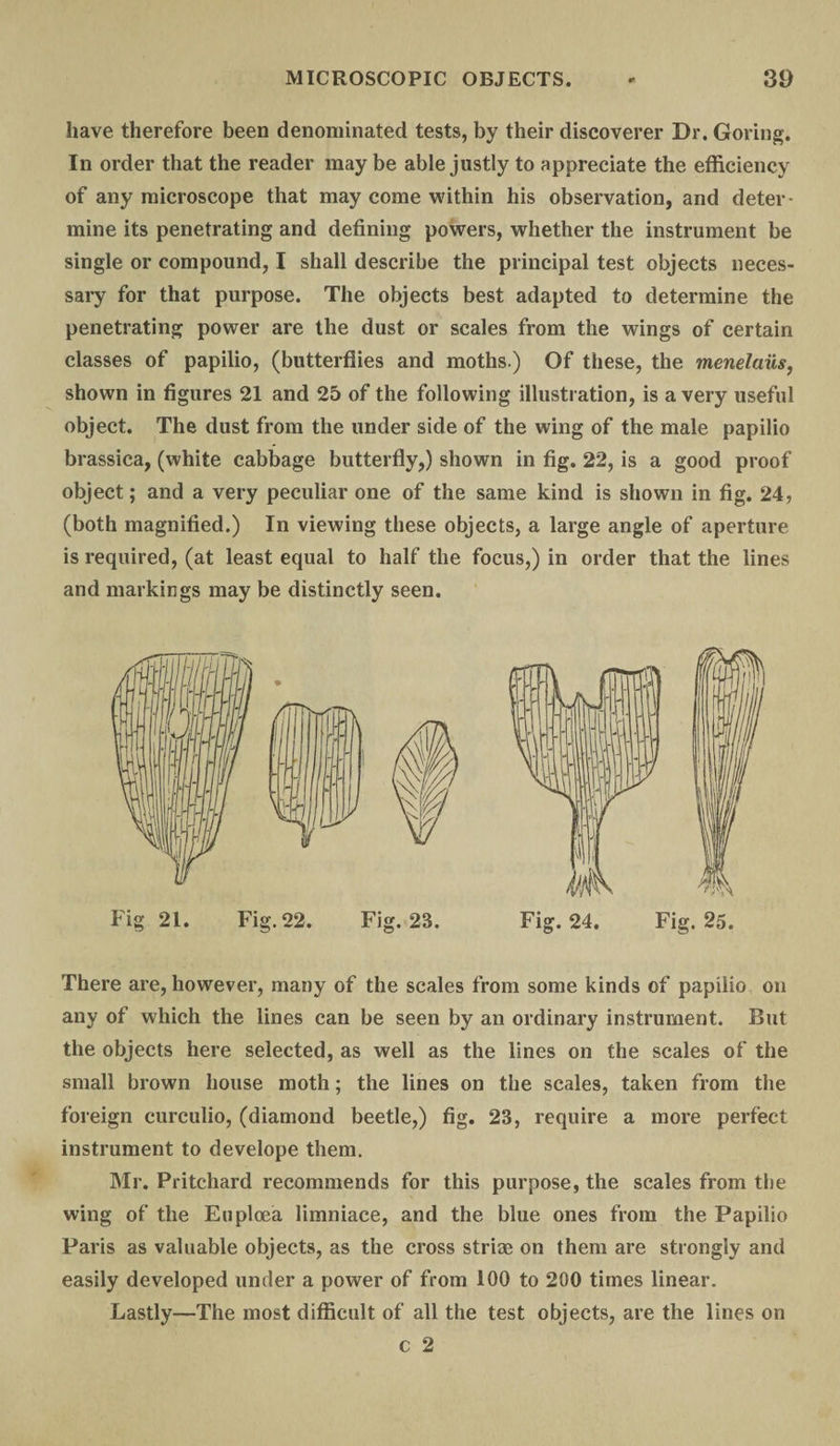 have therefore been denominated tests, by their discoverer Dr. Goring. In order that the reader may be able justly to appreciate the efficiency of any microscope that may come within his observation, and deter¬ mine its penetrating and defining powers, whether the instrument be single or compound, I shall describe the principal test objects neces¬ sary for that purpose. The objects best adapted to determine the penetrating power are the dust or scales from the wings of certain classes of papilio, (butterflies and moths.) Of these, the menelaiis, shown in figures 21 and 25 of the following illustration, is a very useful object. The dust from the under side of the wing of the male papilio brassica, (white cabbage butterfly,) shown in fig. 22, is a good proof object; and a very peculiar one of the same kind is shown in fig. 24, (both magnified.) In viewing these objects, a large angle of aperture is required, (at least equal to half the focus,) in order that the lines and markings may be distinctly seen. There are, however, many of the scales from some kinds of papilio on any of which the lines can be seen by an ordinary instrument. But the objects here selected, as well as the lines on the scales of the small brown house moth; the lines on the scales, taken from the foreign curculio, (diamond beetle,) fig. 23, require a more perfect instrument to develope them. Mr. Pritchard recommends for this purpose, the scales from the wing of the Euplcea limniace, and the blue ones from the Papilio Paris as valuable objects, as the cross striae on them are strongly and easily developed under a power of from 100 to 200 times linear. Lastly—The most difficult of all the test objects, are the lines on c 2