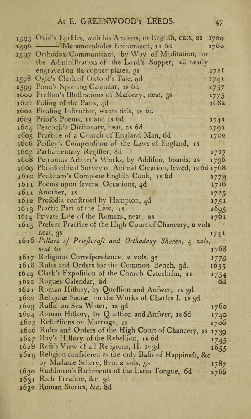 1595 Ovid’s Epiftles, with his Amours, in Englifh, cuts, 2S 1729 1596 - Metamorphofes Epitomized, is 6d 1760 *597 Orthodox Communicant, by Way of Meditation, for the Adminift ration of the Lord’s Supper, all neatly engraved on 82 copper plates, 3s 1721 1598 Ogle’s Clark of Oxford’s Tale, 9d 1741 1,599 E°nd’s Sporting Calendar, is 6d 1737 1600 Prefton’s II lull rations of Mafonry, neat, 3s *775 1601 Poling of the Parts, ^d 1682 1602 Pieafing Inftruftor, wants title, is 6d 1603 Prior’s Poems, is and is 6d 1741 1604 Peacock’s Diftionary, neat, 2s 6d 1791 3605 Praft ice of a Church oi England Man, 6d 1702 1606 Peilley’s Compendium of the Laws of England, is 1607 Parliamentary Regifter, 8d 1727 1608 Petronius Arbiter’s Works, by ^ddifon, boards, 2s 1736 1609 Philofophical Survey of Animal Creation, fewed, is6d 1768 3610 Peckham’s Complete Englifh Cook, is 6d 1773 1O11 Poems upon feveral Occations, 4d 1716 1611 Another, is 1725 1612 Profodia conftrued by Hampton, 4d 1731 1613 Praftic Part of the Law, is 1695 1614 Private Lde of the Romans, neat, 2s 1761 1615 Prefent Praftice of the High Court of Chancery, 2 vols neat, 3s 1741 1616 Pillars 0) Priejlcraft and Orthodoxy Shaken, 4 vols, neat 6s 1768 1617 Religious Correfpondence, 2 vols, 3s 1773 1618 Rules and Orders for the Common Bench, 3d. 1633 1619 Clark’s Expofition of the Church Catechifm, is 1754 1620 Rogues Calendar, 6d 6d 1621 Roman Hiftory, by Quelfion and Anfwer, is 3d 1622 Reliquiae Sacrse, on the Works of Charles I. is 3d 1623 Ruflel on Sea W iter, is 3d 1760 1624 Roman Hiftory, by Queftion and Anfwer, is6d 04° 162,5 Reflexions on Marriage, is 1706 1626 Rules and Orders of the High Court of Chancery, is 1739 1627 Ray’s Hiftory of the Rebellion, is 6d *745 1628 Rofs’s View of all Religions, H. i' 3d 1633 1629 Religion confidered as the only Bafis of Happinefs, &c by Madame Sillery, 8vo. 2 vols, 3s 1787 1630 Puddiman’s Rudiments of the Latin Tongue, 6d 1766 1631 Rich Treafure, &c. 3d 1632 Roman Stories, &c. 8d