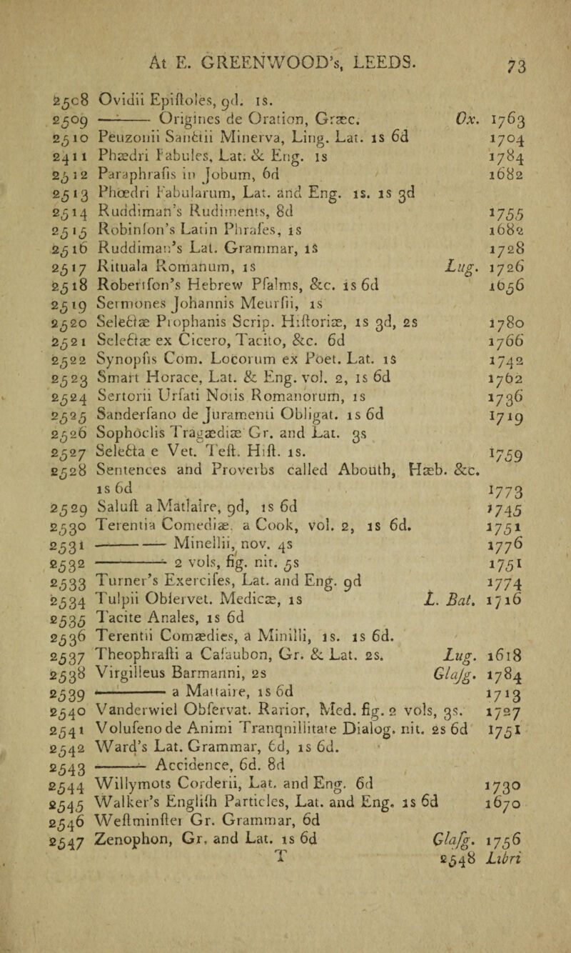 £508 2<5°9 2510 2411 2312 2 3 l3 25M 23‘3 25 16 2 5*7 2518 2319 2.520 2.521 2.522 2323 2^24 44 2526 2527 2528 2529 233° 2334 2332 2333 2334 2333 23 36 2337 2538 2339 2340 2541 2342 2343 2344 2345 2546 2347 Ovidii Epiftoles, yd. is. —:-Origines de Oration, Grsec. Ox. Peuzonii Santtii Minerva, Ling. Lat. is 6d Phzedri Fahules, Lat. Sc Eng. is Paraphrafis in Jobum, 6d Phcedri Fabularum, Lat. and Eng. is. is 3d Ruddiman’s Rudiments, 8d Robinfon’s Latin Phraies, is Ruddiman’s Lat. Grammar, is Rituala Romahum, is Zz/g. Robertfon’s Hebrew Pfalms, 8cc. is 6d Sermones Johannis Meurfii, is Selediae Piophanis Scrip. Hiftori as, is 3d, 2s Scledice ex Cicero, Tacito, See. 6d Synopfis Com. Locorum ex Poet. Lat. is Smart Horace, Lat. & Eng. vol. 2, is 6d Sertorii Urfati Noiis Romanorum, is Sanderfano de Juramenti Obligat. is 6d Sophoclis Tragaediae Gr. and Lat. 3s Seledia e Vet. l eft. Hift. is. Sentences and Proverbs called Abouth, Haeb. &c. is 6d Saluft a Matlaire, qd, is 6d Terentia Comediae, a Cook, vol. 2, is 6d. --Minellii, nov. 4s -- 2 voIs, fig. nit. ,5 s Turner’s Exercifes, Lat. and Eng. gd Tulpii Oblervet. Medics, is Tacite Anales, is 6d Terentii Comaedies, a Minilli, is. is 6d. Theophrafti a Cafaubon, Gr. 8c Lat. 2s. Virgilleus Barmanni, 2s •-a MaUaire, is 6d Z. Bat. Lug. Glajg. Vanderwiel Obfervat. Rarior, Med. fig. 2 vols, 3s. Volufenode Animi Tranqnillitate Dialog, nit. 2s 6d Ward’s Lat. Grammar, 6d, is 6d. -- Accidence, 6d. 8d Willymots Corderii, Lat. and Eng. 6d Walker’s Englifti Particles, Lat. and Eng. is 6d Weftminftei Gr. Grammar, 6d Zenophon, Gr, and Lat. is 6d Qlafg. T £,548 1763 1704 1784 1682 1755 1682 1728 1726 16,56 1780 1766 1742 1762 173c 1719 ■7,59 J773 >7 45 J75» 1776 i75i >774 I7l6 l6l8 I784 W'Z 1727 1731 1730 3670 1756 Libri