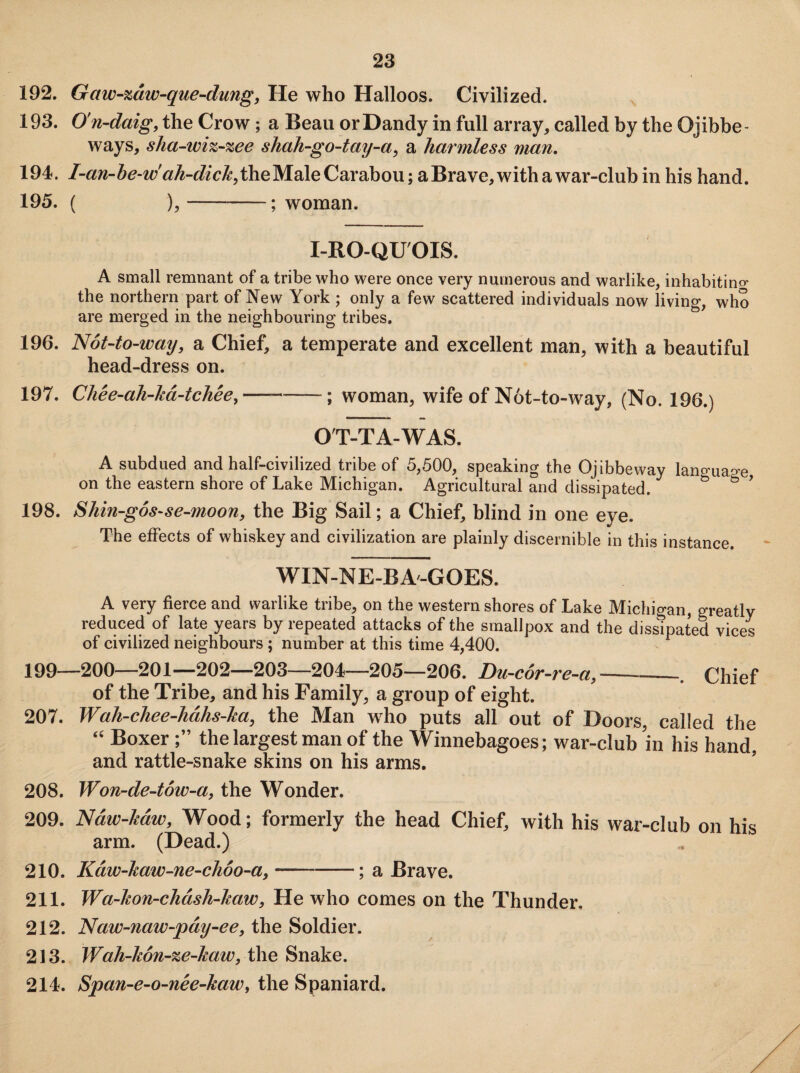 192. Gaw-zaw-que-dung, He who Halloos. Civilized. 193. O'n-daig, the Crow; a Beau or Dandy in full array, called by the Ojibbe- ways, sha-wiz-zee shah-go-tay-a, a harmless man. 194. /-^ra-fo-w'^-r/zc^theMaleCarabou; aBrave, with a war-club in his hand. 195. ( ),-; woman. I-RO-QU'OIS. A small remnant of a tribe who were once very numerous and warlike, inhabiting the northern part of New York; only a few scattered individuals now living, who are merged in the neighbouring tribes. 196. Not-to-way, a Chief, a temperate and excellent man, with a beautiful head-dress on. 197. Chee-ah-ka-tchee,— -; woman, wife of N6t-to-way, (No. 196.) OT-TA-WAS. A subdued and half-civilized tribe of 5,500, speaking the Ojibbeway language on the eastern shore of Lake Michigan. Agricultural and dissipated. 198. Shin-gos-se-moon, the Big Sail; a Chief, blind in one eye. The effects of whiskey and civilization are plainly discernible in this instance. WIN-NE-BA-GOES. A very fierce and warlike tribe, on the western shores of Lake Michigan, greatly reduced of late years by repeated attacks of the smallpox and the dissipated vices of civilized neighbours; number at this time 4,400. 199—200—201—202—203—204—205—206. Du-cor-re-a,,-. Chief of the Tribe, and his Family, a group of eight. 207. WaJi-chee-hdhs-ka, the Man who puts all out of Doors, called the “ Boxer the largest man of the Winnebagoes; war-club'in his hand, and rattle-snake skins on his arms. 208. Won-de-tow-a, the Wonder. 209. Naw-kaw, Wood; formerly the head Chief, with his war-club on his arm. (Dead.) 210. Kaw-kaw-ne-choo-a,-; a Brave. 211. Wa-kon-chash-kaw, He who comes on the Thunder, 212. Naw-naw-pay-ee, the Soldier. 213. Wah-hon-ze-kaw, the Snake. 214. Span-e-o-nee-kaw, the Spaniard.