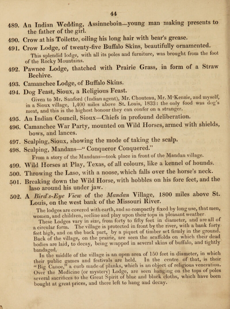 489. An Indian Wedding, Assinneboin—young man making presents to the father of the girl. 490. Crow at his Toilette, oiling his long hair with bear’s grease. 491. Crow Lodge, of twenty-five Buffalo Skins, beautifully ornamented. This splendid lodge, with all its poles and furniture, was brought from the foot of the Rocky Mountains. 492. Pawnee Lodge, thatched with Prairie Grass, in form of a Straw Beehive. 493. Camanchee Lodge, of Buffalo Skins. 494. Dog Feast, Sioux, a Religious Feast. Given to Mr. Sanford (Indian agent), Mr. Chouteau, Mr. M‘Kenzie, and myself, in a Sioux village, 1,400 miles above St. Louis, 1833: the only food was dogs meat, and this is the highest honour they can confer on a stranger. 495. An Indian Council, Sioux—Chiefs in profound deliberation. 496. Camanchee War Party, mounted on Wild Horses, armed with shields, bows, and lances. 497. Scalping, Sioux, showing the mode of taking the scalp. 498. Scalping, Mandans— Conqueror Conquered.” From a story of the Mandans—took place in front of the Mandan village. 499. Wild Horses at Play, Texas, of all colours, like a kennel of hounds. 500. Throwing the Laso, with a noose, which falls ovei the hoises neck. 501. Breaking down the Wild Horse, with hobbles on his fore feet, and the laso around his under jaw. 502. A Bird's-Eye View of the Mandan Village, 1800 miles above St. Louis, on the west bank of the Missouri River. The lodges are covered with earth, and so compactly fixed by long use, that men, women, and children, recline and play upon their tops in pleasant weather. These Lodges vary in size, from forty to fifty feet in diameter, and are all of a circular form. The village is protected in front by the river, with a bank forty feet high, and on the back part, by a piquet of timber set firmly in the ground. Back of the village, on the prairie, are seen the scaffolds on which their dead bodies are laid, to decay, being wrapped in several skins of buffalo, and tightly bandaged. . . ... In the middle of the village is an open area of 150 feet in diameter, in which their public games and festivals are held. In the centre of that, is their «Big Canoe,” a curb made of planks, which is an object of religious veneration. Over the Medicine (or mystery) Lodge, are seen hanging on the tops of poles several sacrifices to the Great Spirit of blue and black cloths, which have been bought at great prices, and there left to hang and decay.