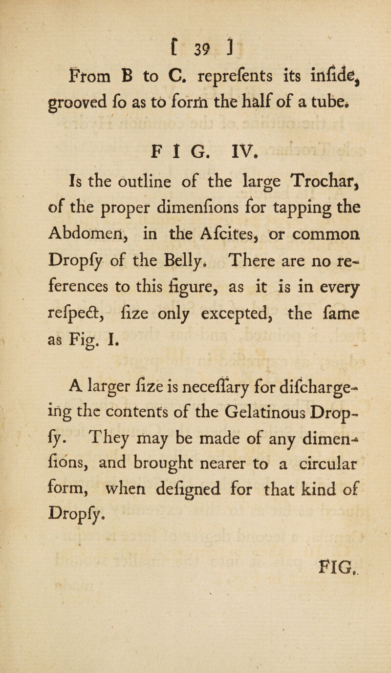 From B to C. reprefents its iflfide, grooved fo as to form the half of a tube* ^ / • > '' * ' * ' ' \ •• •*' ■■ ■ K • ■ V - ■ ;■ . F I G. IV. Is the outline of the large Trochar, of the proper dimenfions for tapping the Abdomen, in the Afcites, or common Droply of the Belly. There are no re¬ ferences to this figure, as it is in every refpedt, fize only excepted, the fame as Fig. I. A larger fize is neceffary for difcharge- irig the contents of the Gelatinous Drop- fy. They may be made of any dimen™ fions, and brought nearer to a circular form, when defigned for that kind of FIG,