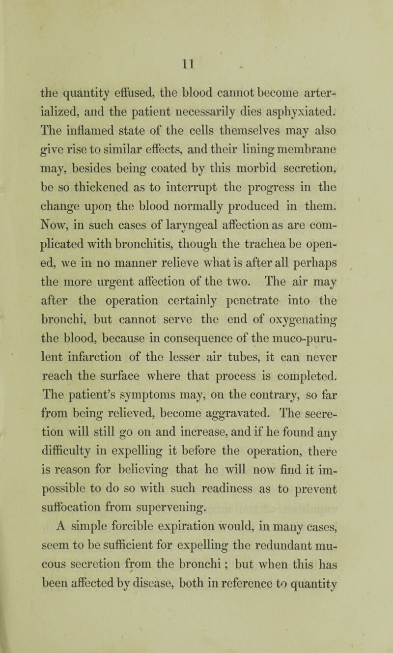 the quantity etfused, the blood cannot become arter- ialized, and the patient necessarily dies asphyxiated. The inflamed state of the cells themselves may also give rise to similar effects, and their lining membrane may, besides being coated by this morbid secretion, be so thickened as to interrupt the progress in the change upon the blood normally produced in them. Now, in such cases of laryngeal affection as are com¬ plicated with bronchitis, though the trachea be open¬ ed, we in no manner relieve what is after all perhaps the more urgent affection of the two. The air may after the operation certainly penetrate into the bronchi, but cannot serve the end of oxygenating the blood, because in consequence of the muco-puru- lent infarction of the lesser air tubes, it can never reach the surface where that process is completed. The patient’s symptoms may, on the contrary, so far from being relieved, become aggravated. The secre¬ tion will still go on and increase, and if he found any difficulty in expelling it before the operation, there is reason for believing that he will now find it im¬ possible to do so with such readiness as to prevent suffocation from supervening. A simple forcible expiration would, in many cases, seem to be sufficient for expelling the redundant mu¬ cous secretion from the bronchi; but when this has been affected by disease, both in reference to quantity
