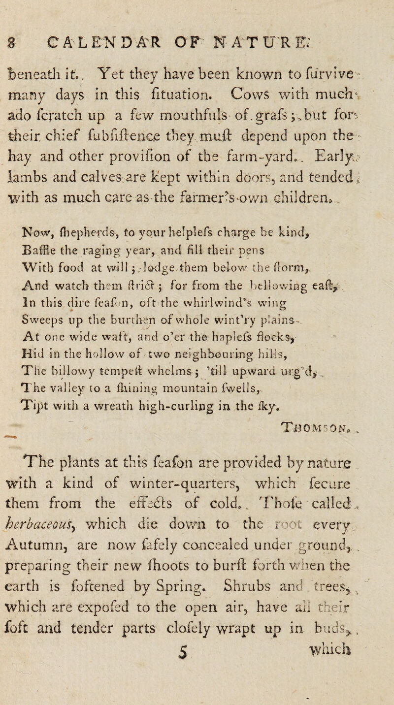 beneath it. Yet they have been known to furvive many days in this fituation. Cows with much*, ado fcratch up a few mouthfuls of. grafs; ,but fon their, chief fubfiftenc.e they muff depend upon the hay and other provifion of the farm-yard,. Early, lambs and calves are kept within doors, and tended,: with as much care as the farmer’s own children. Now, ftiephefds, to your helplefs charge be kind. Baffle the raging year, and fill their pens With food at will j . lodge.them below the dorm, And watch them firidf ; for from the bellowing eafir, 3n this dire feafon, oft the whirlwind’s wing Sweeps up the burthen of whole wint’ry plains At one wide waft, and o’er the haplefs flocks. Hid in the hollow of two neighbouring hills. The billowy temped whelms; ’till upward urg’d, The valley to a iliining mountain fwells,. Tipt with a wreath high-curling in the fky. Thomson, „ The plants at this feafon are provided by nature with a kind of winter-quarters, which fee are them from the effedls of cold., Thofe called, herbaceous, which die down to the root every Autumn, are now fafely concealed under ground, preparing their new fhoots to burfl: forth when the earth is foftened by Spring. Shrubs and trees, which are expofed to the open air, have ail their foft and tender parts clofeiy wrapt up in buds>. 5 which