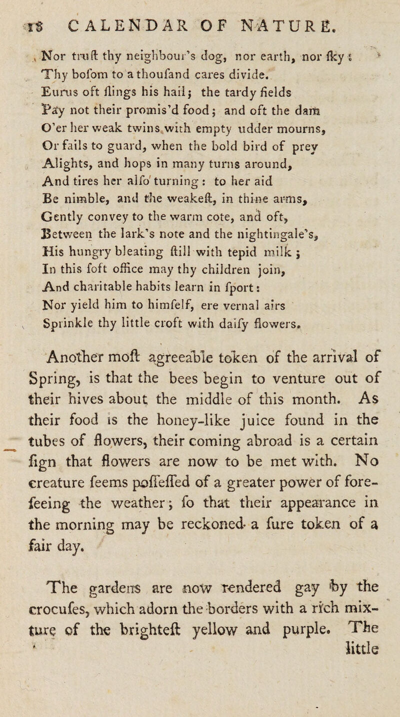 ... , '' tX , Nor tmft thy neighbour’s dog, nor earth, nor fky i Thy bofom to athoufand cares divide. Eurus oft flings his hail 5 the tardy fields Pay not their promis’d food; and oft the dam O’er her weak twins with empty udder mourns. Or fails to guard, when the bold bird of prey Alights, and hops in many turns around. And tires her alfo turning : £0 her aid Be nimble, and the weakeft, in thine arms. Gently convey to the warm cote, and oft, Between the lark’s note and the nightingale’s. His hungry bleating dill with tepid milk; In this foft office may thy children join, And charitable habits learn in fport: Nor yield him to himfelf, ere vernal airs v Sprinkle thy little croft with daify flowers. Another moft agreeable token of the arrival of Spring, is that the bees begin to venture out of their hives about the middle of this month. As their food is the honey-like juice found in the tubes of flowers, their coming abroad is a certain fign that flowers are now to be met with. No creature feems poflefTed of a greater power of fore- feeing the weather; fo that their appearance in the morning may be reckoned a fure token of a fair day. The gardens are now rendered gay by the crocufes, which adorn the borders with a rfch mix¬ ture of the brighteft yellow and purple. The * little