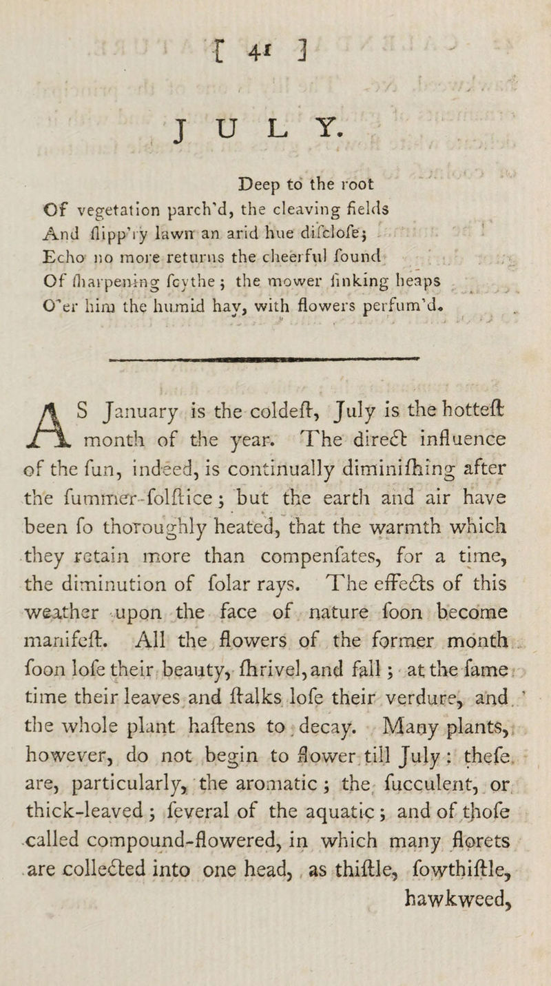 r 4* 3 JULY. Deep to the root Of vegetation parch’d, the cleaving fields And flipp’ry lawn an arid hue difclofe; Echo no more returns the cheerful found Of fharpemng fcythe 5 the mower finking heaps CTer him the humid hay, with flowers perfum'd* AS January is the coldeflr, July is the hotteft month of the year. The diredt influence of the fun, indeed, is continually diminifbing after the fummer - folftice; but the earth and air have been fo thoroughly heated, that the warmth which they retain more than compenfates, for a time, the diminution of folar rays. The effedts of this weather upon the face of nature foon become manifcft. All the flowers of the former month foon lofe their beauty, fhrivel,and fall; at the fame time their leaves and ftalks lofe their verdure, and ’ the whole plant haftens to . decay. Many plants, however, do not begin to flower till July : thefe are, particularly, the aromatic ; the fucculent, or thick-leaved ; feveral of the aquatic ; and of thofe called compound-flowered, in which many florets are collected into one head, as thiftle, fowthiftle, hawkweed,