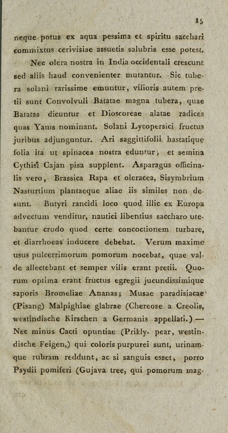 neque potus ex aqua pessima et spiritu sacchari commixtus cerivisiae assuetis salubris esse potest. Nec olera nostra in India occidentali crescunt sed aliis haud convenienter mutantur. Sic tube* ra solani rarissime emuntur, vilioris autem pre¬ tii sunt Convolvuli Batatae magna tubera, quae Batatas dicuntur et Dioscoreae alatae radices quas Yams nominant. Solani Lycoptrsici fructus juribus adjunguntur. Ari saggittifolii hastatique folia ita ut spinacea nostra eduntur, et semina Cythisi Cajan pisa supplent. Asparagus officina- lis vero, Brassica Rapa et oleracea, Sisymbrium Nasturtium plantaeque aliae iis similes non de¬ sunt. Butyri rancidi loco quod illic ex Europa advectum venditur, nautici libentius saccharo ute¬ bantur crudo quod certe concoctionem turbare, et diarrhoeas inducere debebat. Verum maxime usus pulcerrimorum pomorum nocebat, quae val¬ de allectebant et semper vilis erant pretii. Quo¬ rum optima erant fructus egregii jucundissimique saporis Bromeliae Ananas; Musae paradisiacae (Pisang) Malpighiae glabrae (Chereose a Creolis, westindische Kirschen a Germanis appellati.) — Nec minus Cacti opuntiae (Prikly- pear, westin¬ dische Feigen,) qui coloris purpurei sunt, urinam¬ que rubram reddunt, ac si sanguis esset, porro Psydii pomiferi (Gujava tree, qui pomorum mag-