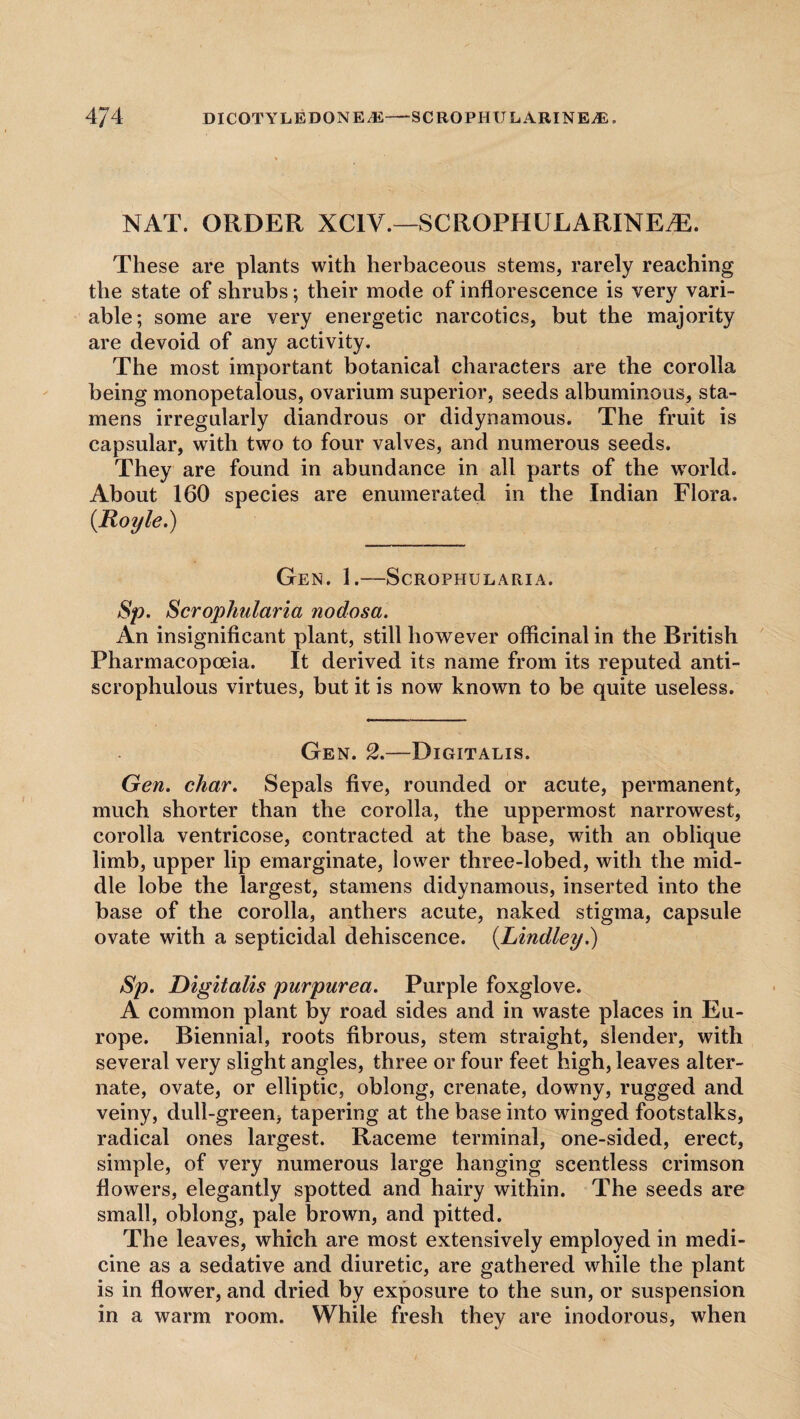 4J4 DICOTYLEDON E.E—SCROPHULARINEjE, NAT. ORDER XC1V.—SCROPHULARINE7E. These are plants with herbaceous stems, rarely reaching the state of shrubs; their mode of inflorescence is very vari¬ able; some are very energetic narcotics, but the majority are devoid of any activity. The most important botanical characters are the corolla being monopetalous, ovarium superior, seeds albuminous, sta¬ mens irregularly diandrous or didynamous. The fruit is capsular, with two to four valves, and numerous seeds. They are found in abundance in all parts of the world. About 160 species are enumerated in the Indian Flora. (Royle.) Gen. 1.—Scrophularia. Sp. Scrophularia nodosa. An insignificant plant, still however officinal in the British Pharmacopoeia. It derived its name from its reputed anti- scrophulous virtues, but it is now known to be quite useless. Gen. 2.—Digitalis. Gen. char. Sepals five, rounded or acute, permanent, much shorter than the corolla, the uppermost narrowest, corolla ventricose, contracted at the base, with an oblique limb, upper lip emarginate, lower three-lobed, with the mid¬ dle lobe the largest, stamens didynamous, inserted into the base of the corolla, anthers acute, naked stigma, capsule ovate with a septicidal dehiscence. (Lindley.) Sp. Digitalis purpurea. Purple foxglove. A common plant by road sides and in waste places in Eu¬ rope. Biennial, roots fibrous, stem straight, slender, with several very slight angles, three or four feet high, leaves alter¬ nate, ovate, or elliptic, oblong, crenate, downy, rugged and veiny, dull-green, tapering at the base into winged footstalks, radical ones largest. Raceme terminal, one-sided, erect, simple, of very numerous large hanging scentless crimson flowers, elegantly spotted and hairy within. The seeds are small, oblong, pale brown, and pitted. The leaves, which are most extensively employed in medi¬ cine as a sedative and diuretic, are gathered while the plant is in flower, and dried by exposure to the sun, or suspension in a warm room. While fresh they are inodorous, when