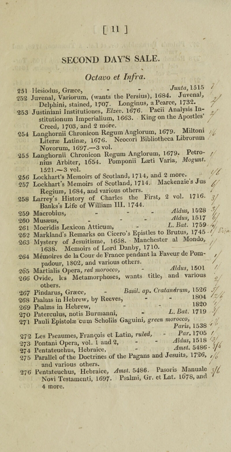 SECOND DAY’S SALE. 2 vol. 1716. Aldus, 1528 Aldus, 1517 L. Bat. 1759 Octavo et Inf7'a. 251 Hesiodus, Graece, - 7 Junta, 1515 252 Juvenal, Variorum, (wants the Persius), 1684. Juvenal, Delphini, stained, 1707- Longinus, a Pearce, 1732. 253 Justiniani Institutiones, Elzev. 1676. Pacii Analysis In- stitutionum Imperialium, 1663. King on the Apostles Creed, 1703, and 2 more. . 254 Langhornii Chronicon Regum Anglorum, 1679. MUtom Liter® Latin®, 1676. Neocori Bibliotheca Librorum Novorum, 1697*—3 vol. 255 Langhornii Chronicon Regum Anglorum, 1679. Petro- nius Arbiter, 1654. Pomponii L®ti Varia, Mogunt, 1521 .—3 vol. 256 Lockhart’s Memoirs of Scotland, 1714, and 2 more. ^ 257 Lockhart’s Memoirs of Scotland, 1714. Mackenzies Jus Regium, 1684, and various others. 258 Larrey’s History of Charles the First, Banks’s Life of William HI. 1744. 259 Macrobius, -  260 Mus®us, - “ 261 Moeridis Lexicon Atticum, 262 Markland’s Remarks on Cicero’s Epistles to Brutus, 1745 263 Mystery of Jesuitisme, 1658. Manchester al Mondo, 1638. Memoirs of Lord Danby, 1710. - _ 264 Memoires de la Cour de France pendant la Faveur de Pom¬ padour, 1802, and various others. 265 Martialis Opera, red morocco, - Aldus, 1501 266 Ovide, lcs Metamorphoses, wants title, and various others. 267 Pindarus, Gr®ce, - Basil. ap. Cratandrum, 1526 268 Psalms in Hebrew, by Reeves, - - 1^04 269 Psalms in Hebrew, - “ 270 Paterculus, notis Burmanni, - L. bat. 1719 271 Pauli Epistol® cum Scholiis Gaguini, green morocco, ■r-? \ Paris, 1538 272 Les Pseaumes, Francois et Latin, ruled, - Par, 1/05 273 Pontani Opera, vol. 1 and 2, -  Aldus, 1518 274 Pentateuchus, Hebraice, - Amst. 5486 275 Parallel of the Doctrines of the Pagans and Jesuits, 1726, and various others. 276 Pentateuchus, Hebraice, Amst. 5486. Pasoris Manuale Novi Testament!, 1697* Psalmi, Gr. et Lat. 1678, ant 4 more. ; y / /