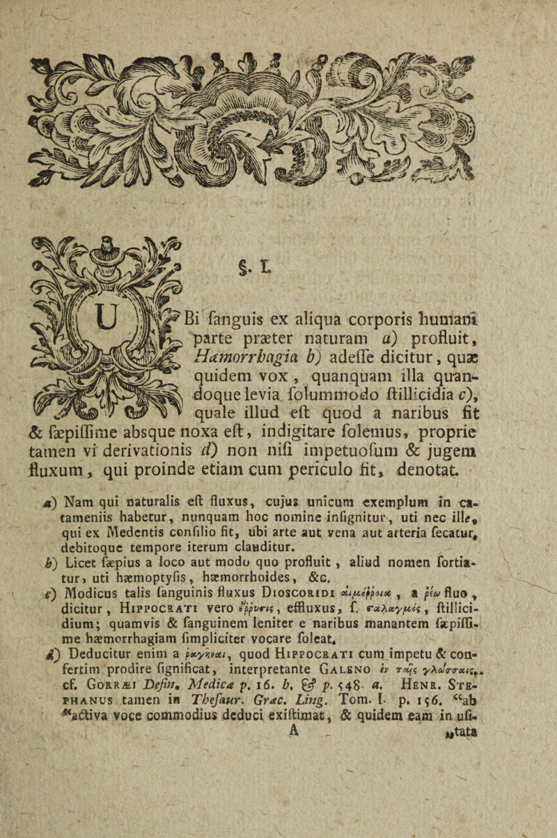 parte praeter naturam a) profluit, Hdmorrbagia b) a defle dicitur, quae quidem vox , quanquam illa quan¬ doque levia folummodo flillicidia c), _ quale illud eft quod a naribus fit & faepiffime absque noxa eft, indigitare folemus, proprie tamen vi derivationis d) non nifi impetuofum & jugem fluxum, qui proinde etiam cum periculo fit, denotat. ,a) Nam qui naturalis eft fluxus, cujus unicum exemplum in ca- tameniis habetur, nunquam hoc nomine inflgnituis, uti nec ille, qui ex Medentis confilio fit, ubi arte aut yena aut arteria fecatur, debitoque tempore iterum clauditur. b) Licet faepius a ioco aut modo quo profluit , aliud nomen fortia- tur, uti haemoptyfis, haemorrhoides, &c, <?) Modicus talis fanguinis fluxus Dioscoridi xtfttfpu* , a ^ fluo , dicitur, Hippocrati vero , effluxus, f. raXuypes, ftillici- dium; quamvis & fanguinem leniter e naribus manantem faepiflu me haemorrhagiam (impliciter vocare foleat, d) Deducitur enim a paywcu, quod Hippocrati cum impetu & con- fertim prodire fignificat, interpretante Galeno h yXurrcusf. cf. Gorraj Dejht* Medica pt 16. b♦ £«? p. ^48- Henr. Ste- fhanus tamen in Tbefaur. Grac. Lirtg< Tom. I. p. i$6. ccab ^adtiva voce commodius deduci exiftimat, & quidem eam in uft- A _ Mtata