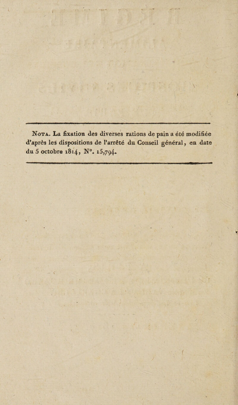 /■ Nota. La fixation des diverses rations de pain a été modifiée d’après les dispositions de l’arrêté du Conseil général, en date du 5 octobre 1814 y N°. 15,794* r