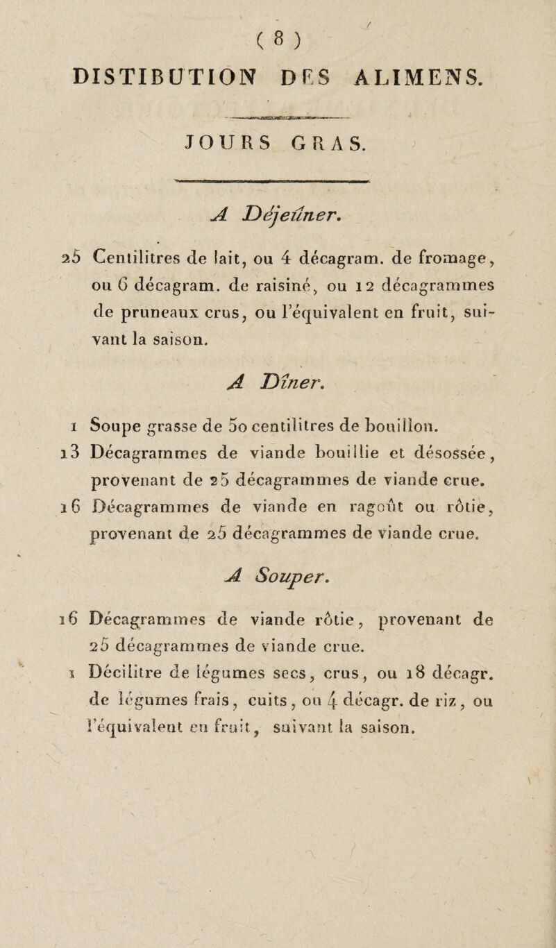 DISTIB UTION DES ALIMENS. JOURS GRAS. A Déjeuner. 2Ô Centilitres de lait, ou 4 décagram. de fromage, ou 6 décagram. de raisiné, ou 12 décagrammes de pruneaux crus, ou l’équivalent en fruit, sui¬ vant la saison. A Dîner. i Soupe grasse de 5o centilitres de bouillon. i3 Décagrammes de viande bouillie et désossée, provenant de 25 décagrammes de viande crue. 16 Décagrammes de viande en ragoût ou rôtie, provenant de 26 décagrammes de viande crue. A Souper. 16 Décagrammes de viande rôtie, provenant de 25 décagrammes de viande crue. 1 Décilitre de légumes secs, crus, ou 18 décagr. de légumes frais, cuits , ou 4 d.écagr. de riz , ou