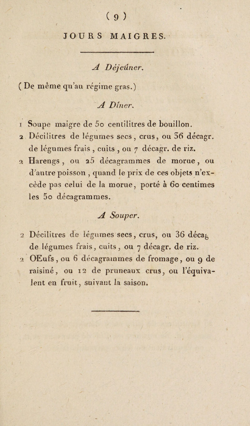 JOURS MAIGRES. A Déjeuner. ( De même qu’au régime gras.) A Dîner. 1 Soupe maigre de 5o centilitres de bouillon. 2 Décilitres de légumes secs, crus, ou 56 décagr. de légumes frais , cuits , ou 7 décagr. de riz. 2 Harengs , ou décagrammes de morue, ou d’autre poisson , quand le prix de ces objets n’ex¬ cède pas celui de la morue, porté à 60 centimes les 5o décagrammes. A Souper. 2 Décilitres de légumes secs, crus, ou 36 décag de légumes frais, cuits, ou 7 décagr. de riz. 2 Œufs, ou 6 décagrammes de fromage, ou 9 de raisiné, ou 12 de pruneaux crus, ou l’équiva¬