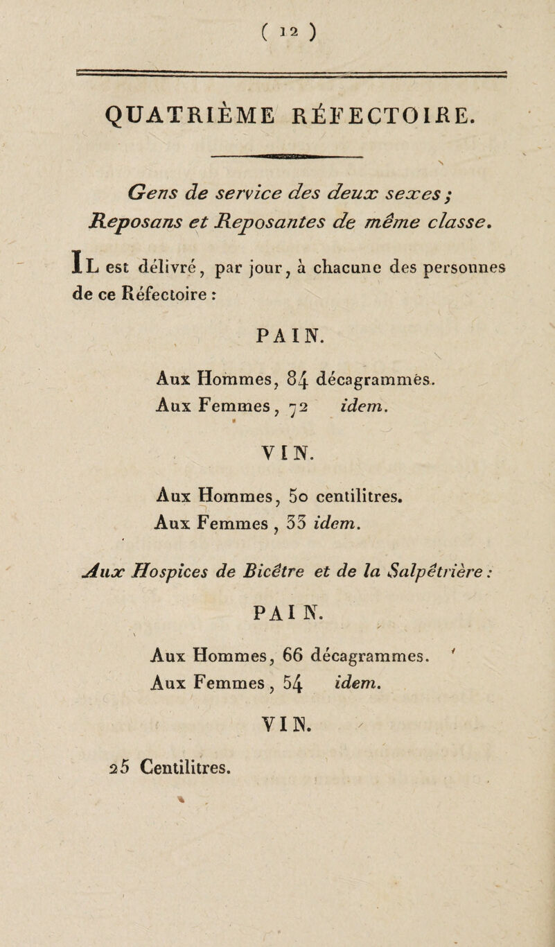 C 32 ) QUATRIÈME RÉFECTOIRE. Gens de service des deux sexes ; Reposans et Reposantes de même classe. Il est délivré, par jour, à chacune des personnes de ce Réfectoire : PAIN. ■ \ Aux Hommes, 84 décagrammës. Aux Femmes, 72 idem. « VIN. Aux Hommes, 5o centilitres. 7 Aux Femmes , 55 idem. Aux Hospices de Bicêtre et de la Salpétrière : P A I N. \ Aux Hommes, 66 décagrammës. Aux Femmes, 54 idem. VIN. 25 Centilitres.