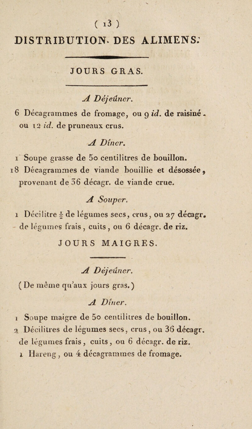 DISTRIBUTION. DES AJLIMENS. JOURS GRAS. A Déjeuner. 6 Décagrammes de fromage, ou 9 id. de raisiné, ou 12 id. de pruneaux crus. A Dîner. 1 Soupe grasse de 5o centilitres de bouillon. 18 Décagrammes de viande bouillie et désossée 9 provenant de 56 décagr. de viande crue. A Souper. 1 Décilitre f de légumes secs, crus, ou 27 décagr. de légumes frais, cuits , ou 6 décagr. de riz. JOURS MAIGRES. A Déjeuner. ( De même qu’aux jours gras.) A Dîner. 1 Soupe maigre de 5o centilitres de bouillon. 2 Décilitres de légumes secs, crus, ou 36 décagr. de légumes frais, cuits, ou 6 décagr. de riz. 1 Hareng, ou 4 décagrammes de fromage.