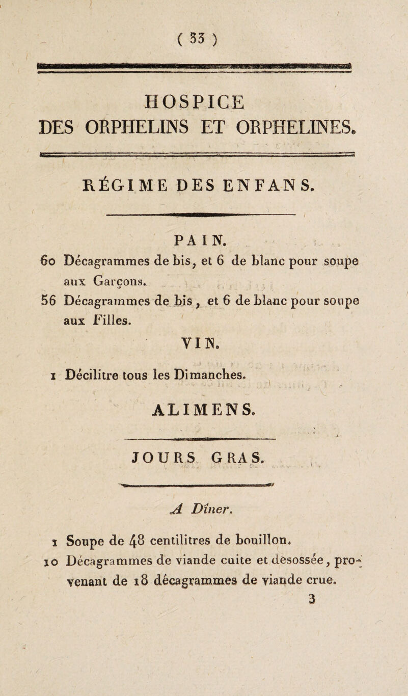 ) ( 33 ) ftBMM—i ■■ Il I IWI.IL. / HOSPICE DES ORPHELINS ET ORPHELINES. RÉGIME DES ENFANS. PAIN. 6o Décagrammes de bis, et 6 de blanc pour soupe aux Garçons. ■> . , 56 Décagrammes de bis , et 6 de blanc pour soupe aux Filles. VIN. i Décilitre tous les Dimanches. AL IM EN S. JOURS G RA S. A Dîner. i Soupe de 48 centilitres de bouillon, io Décagrammes de viande cuite et désossée, pro^ venant de iB décagrammes de viande crue. 3 i