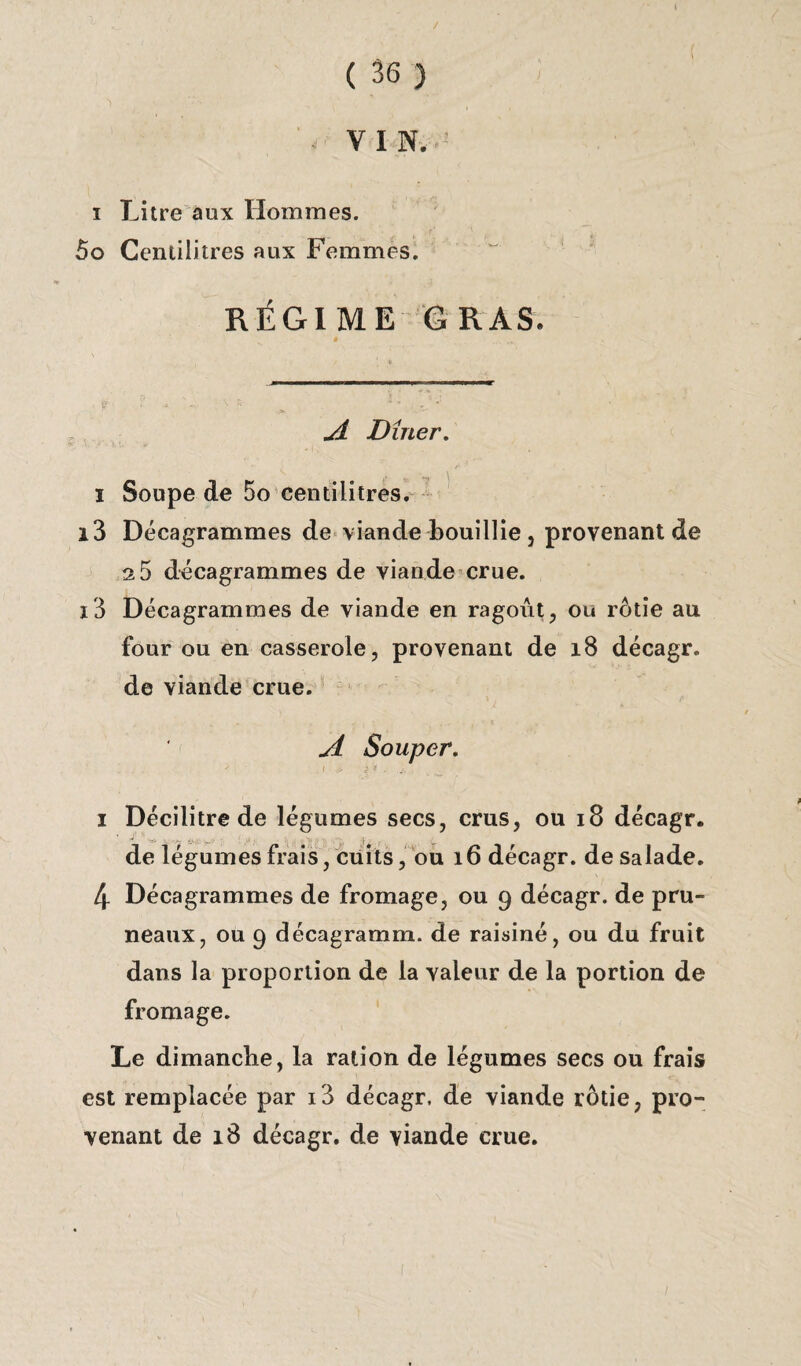 ( 36 ) ' - VIN. -' i Litre aux Hommes. 5o Centilitres aux Femmes. RÉGIME GRAS. V • * -*>• . % * * “ • - • *> - A Dîner. i . ... , i Soupe de 5o centilitres. i3 Décagrammes de viande bouillie, provenant de s 5 décagrammes de viande crue. i3 Décagrammes de viande en ragoût, ou rôtie au four ou en casserole, provenant de 18 décagr. de viande crue. A Souper. ' 1 * ^ * ■ -• . ^ i Décilitre de légumes secs, crus, ou 18 décagr. de légumes frais, cuits, ou 16 décagr. de salade. 4 Décagrammes de fromage, ou 9 décagr. de pru¬ neaux, ou 9 décagramm. de raisiné, ou du fruit dans la proportion de la valeur de la portion de fromage. Le dimanche, la ration de légumes secs ou frais est remplacée par i3 décagr. de viande rôtie, pro¬ venant de 18 décagr. de viande crue.