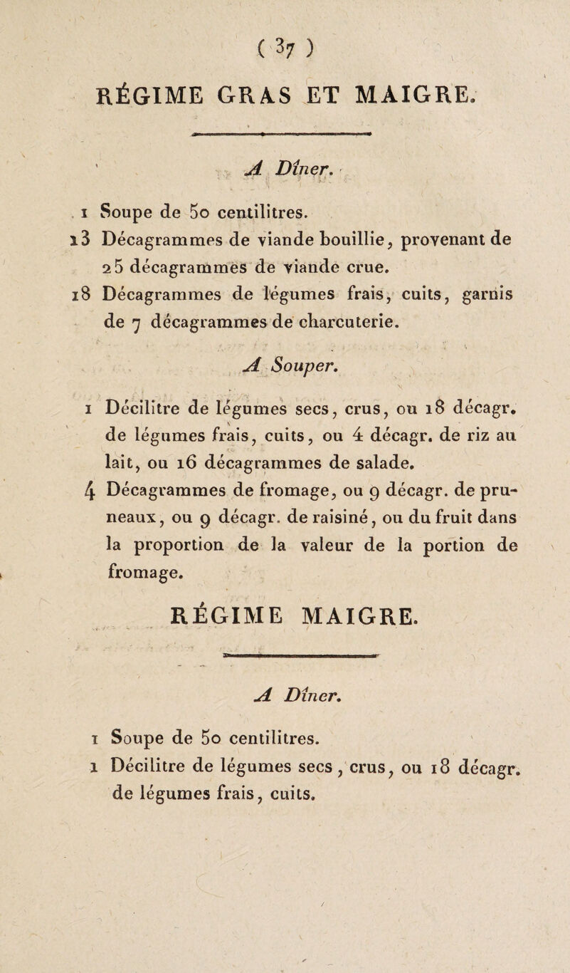 RÉGIME GRAS ET MAIGRE. A Dîner. i Soupe de 5o centilitres. i3 Décagrammes de viande bouillie, provenant de 2 5 décagrammes de viande crue. 18 Décagrammes de légumes frais, cuits, garnis de 7 décagrammes de charcuterie. A Souper. i Décilitre de légumes secs, crus, ou 18 décagr. de légumes frais, cuits, ou 4 décagr. de riz au lait, ou 16 décagrammes de salade. 4 Décagrammes de fromage, ou 9 décagr. de pru¬ neaux, ou 9 décagr. de raisiné, ou du fruit dans la proportion de la valeur de la portion de fromage. RÉGIME MAIGRE. A Dîner. 1 Soupe de 5o centilitres. 1 Décilitre de légumes secs, crus, ou 18 décagr. de légumes frais, cuits.