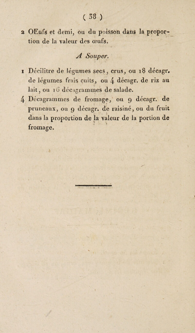 2 OEufs et demi, ou du poisson dans la propor¬ tion de la valeur des œufs, A Souper. i Décilitre de légumes secs, crus, ou 18 décagr. de légumes frais cuits, ou 4 décagr. de riz au lait, ou iô déc «grammes de salade. 4 Décagrammes de fromage, ou 9 décagr. de / v pruneaux, ou 9 décagr. de raisiné, ou du fruit ; t dans la proportion de la valeur de la portion de fromage.