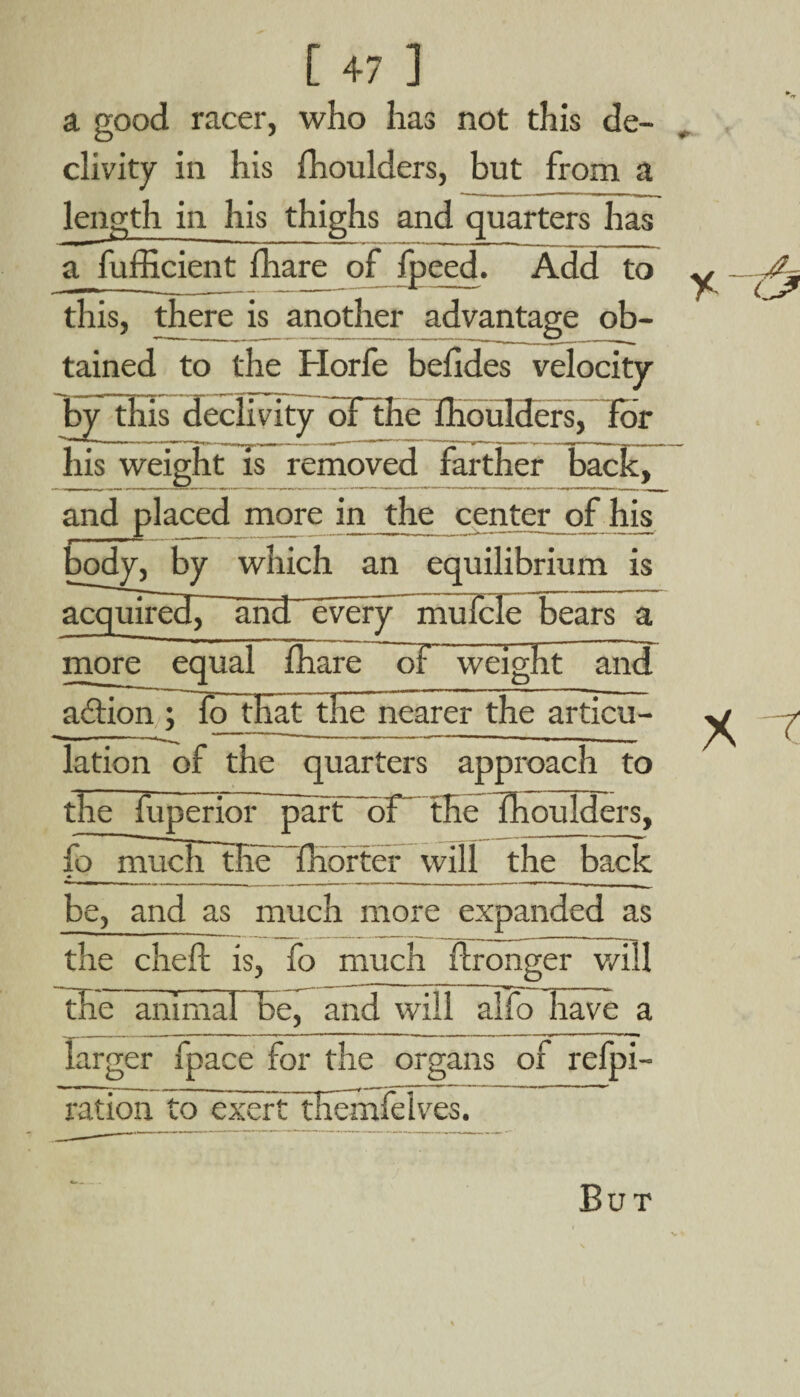 a good racer, who has not this de¬ clivity in his fhoulders, but from a length in his thighs and quarters has a fufflcient fhare of fpeed. Add to this, there is another advantage ob¬ tained to the Horfe befides velocity by this declivity oflhe fhoulders, for his weight is removed farther back, and placed more in the center of his body, by which an equilibrium is acquired^ and every muTcfe bears a more equal fhare oF'weight and action ; fq_that the nearer the articu¬ lation of the quarters approach to the fuperior part of~ the Thoulders, fo much thc fnortcr will the back be, and as much more expanded as the cheft is, To much Wronger will ILF animal he, and will alfo have a larger fpace for the organs of refpi- ration to exert themfelves.