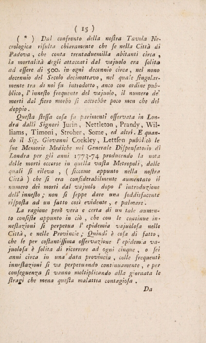 ( 15 ) ( * ) Dal confronto della noftta Tavola Ne* crologica rifulta chiaramente ehe fe nella Città dì Padova , che conta trentaducmilla abitanti circa 5 la mortalità degli attaccati dal vajuolo era [olita ad effere di 500. in ogni decennio circa, nel nono decennio del Secolo deeimotfavo , nel quale JIngoiar- mente tra di noi fu introdotto , anco con ordine pub¬ blico , /’ itine(io frequente del vajuolo, il numero de morti dal fiero morbo fi accrebbe poco men che del doppio. Quefla fi e [fa co fa fu parimenti 0 [fervala in Lon* dra dalli Signori Jurin , Nettleton , Prandy, Wil¬ liams, Timoni, Stroher, Some, ed altri. E quan¬ do il Sig. Giovanni Coekley, Lettfon pubblicò le fue Me morie Mediche nel Generale DiJpenfatorio di Londra per gii anni 1773-74 producendo la nota delle morti occorse in quella vajìa Metropoli, dalle quali fi rileva , ( ficcome appunto nella noflra Città ) che fi era confiderabilmente aumentato il numero dei morti dal vajuolo dopo /’ introdugions deli* innefio j non fi, feppe dare una foddisfacentc rifpojla ad un fatto così evidente , e palmare. La ragione però vera e certa di un tale numeri* to confi fie appunto in ciò , che con le continue in* ne fi agio ni fi perpetua V epidemia vajuolofa nelle Città, e nelle Provincie ; fhiindl è cofa di fatto , che fe per cofiantijfima offervagìone L epidemia va¬ juolofa è Jolita di ricorrere ad ogni cinque , 0 fei anni circa in una data provincia , colle frequenti inneflagioni fi va perpetuando continuamente , e per confeguenga fi vanno moltiplicando alla giornata le fìragi che mena quejìa malattia contagiofa , Da